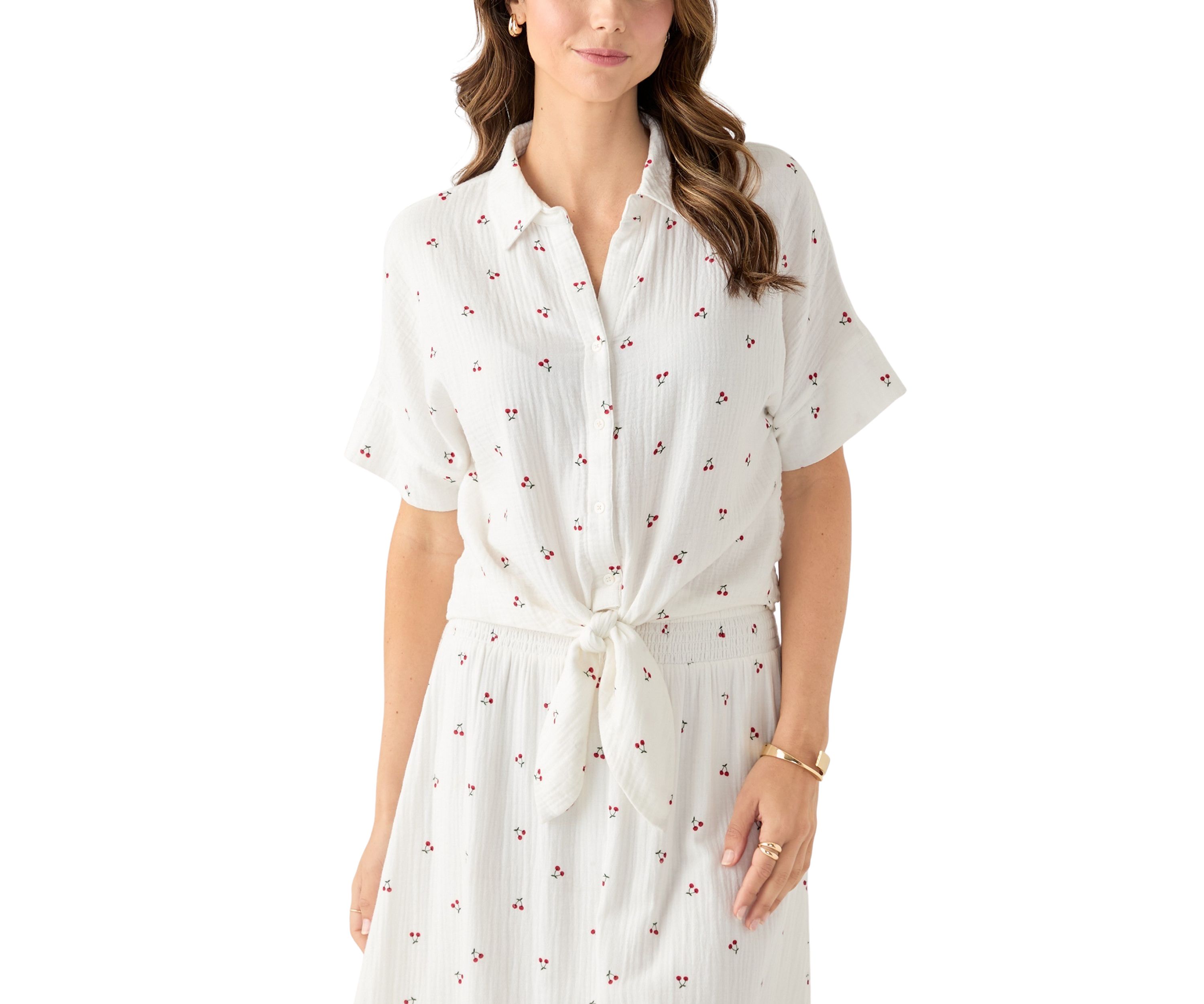 Womens Short Sleeve Tie Front Cherry Gauze Top
