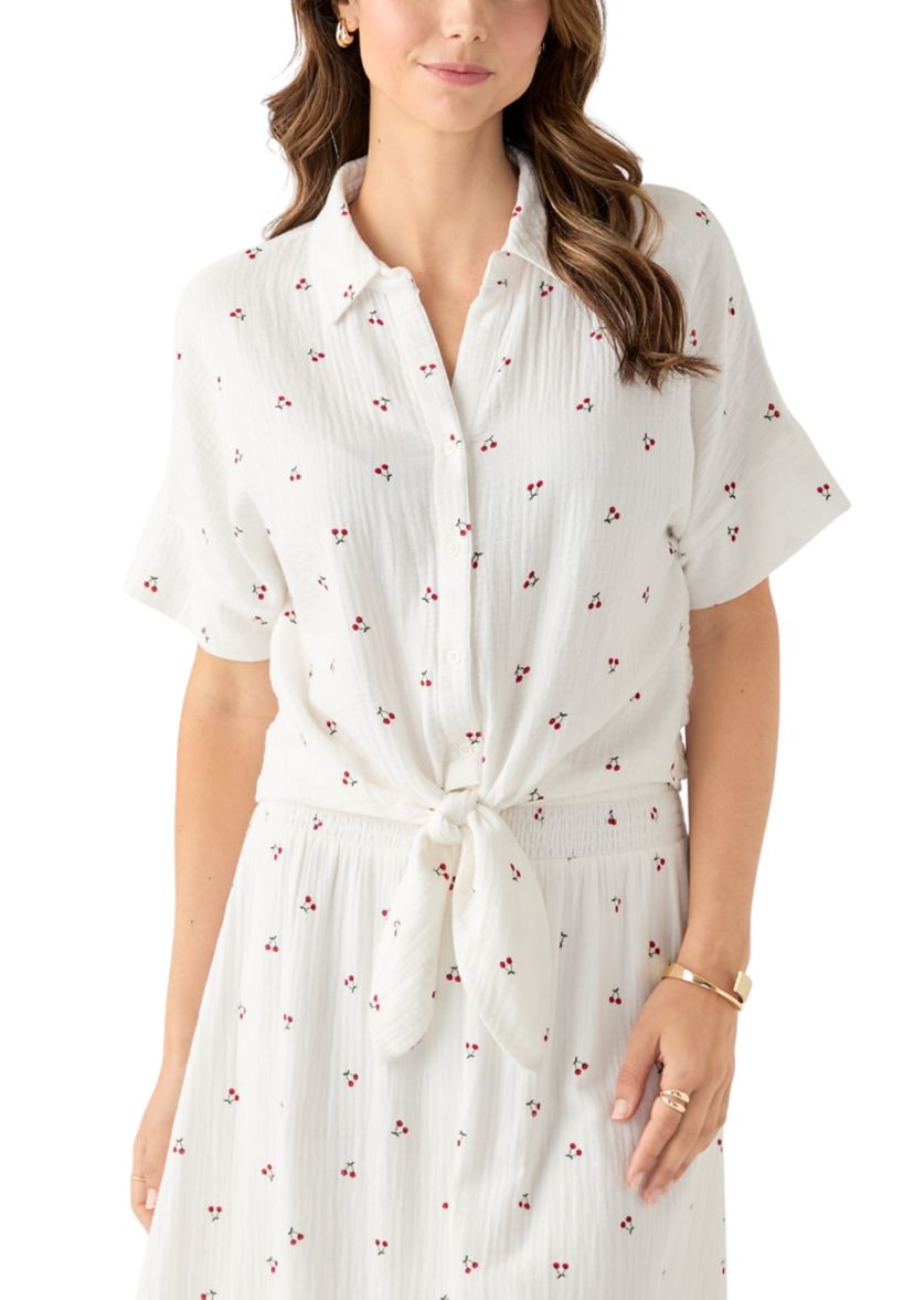 Womens Short Sleeve Tie Front Cherry Gauze Top