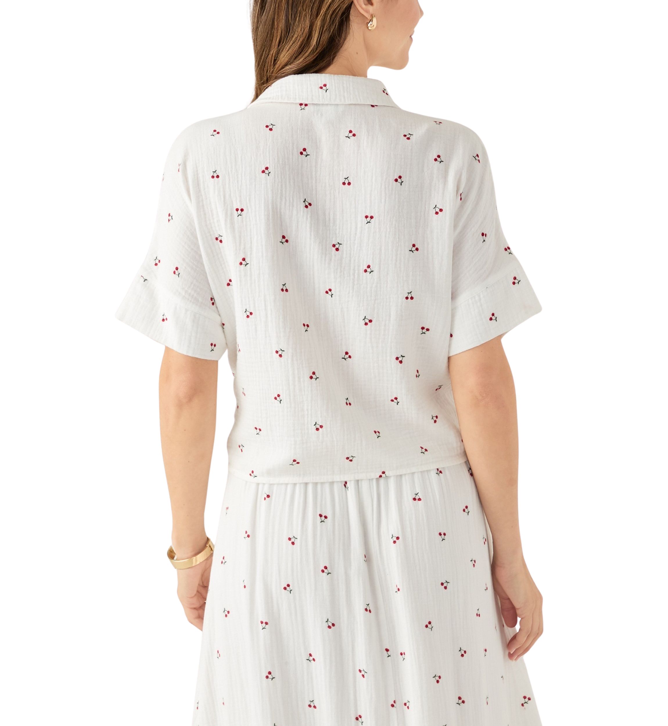 Womens Short Sleeve Tie Front Cherry Gauze Top