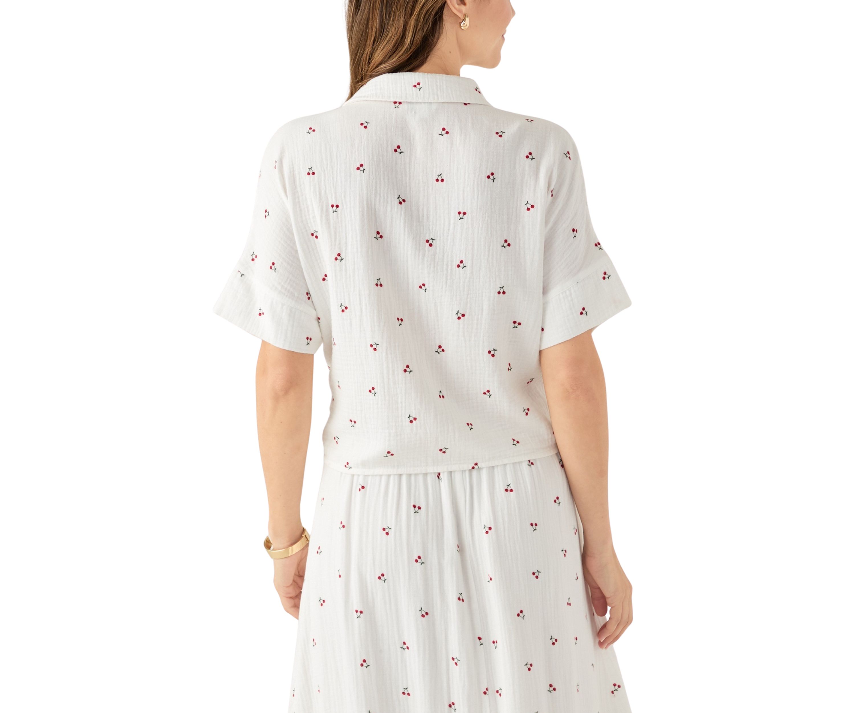 Womens Short Sleeve Tie Front Cherry Gauze Top