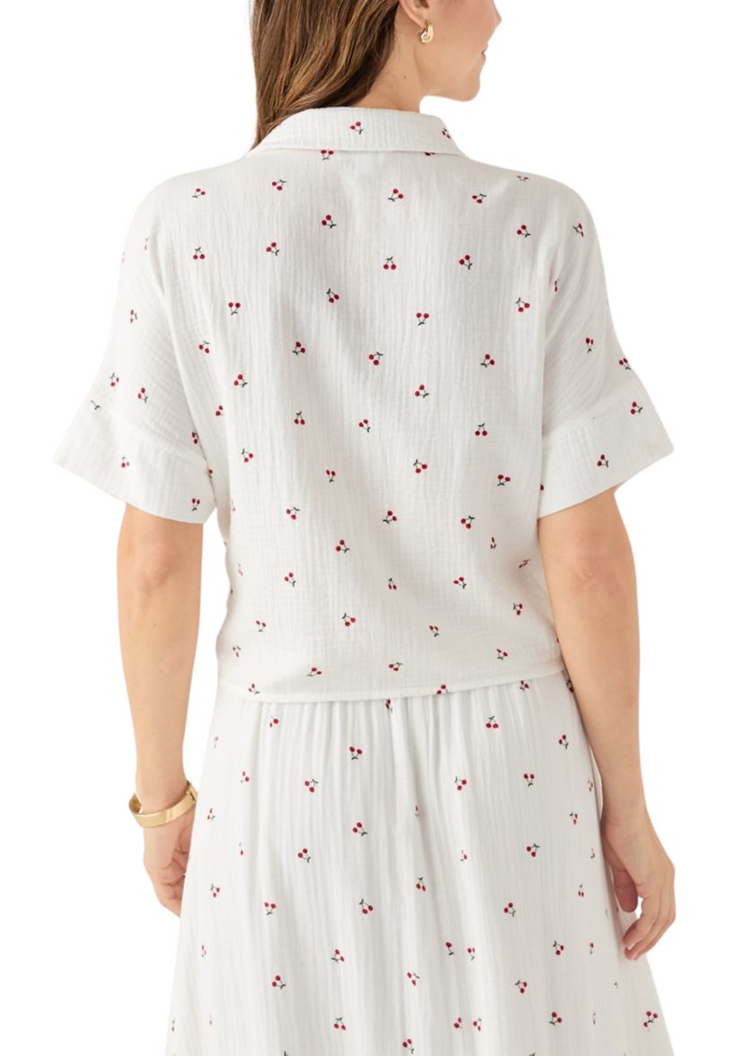 Womens Short Sleeve Tie Front Cherry Gauze Top