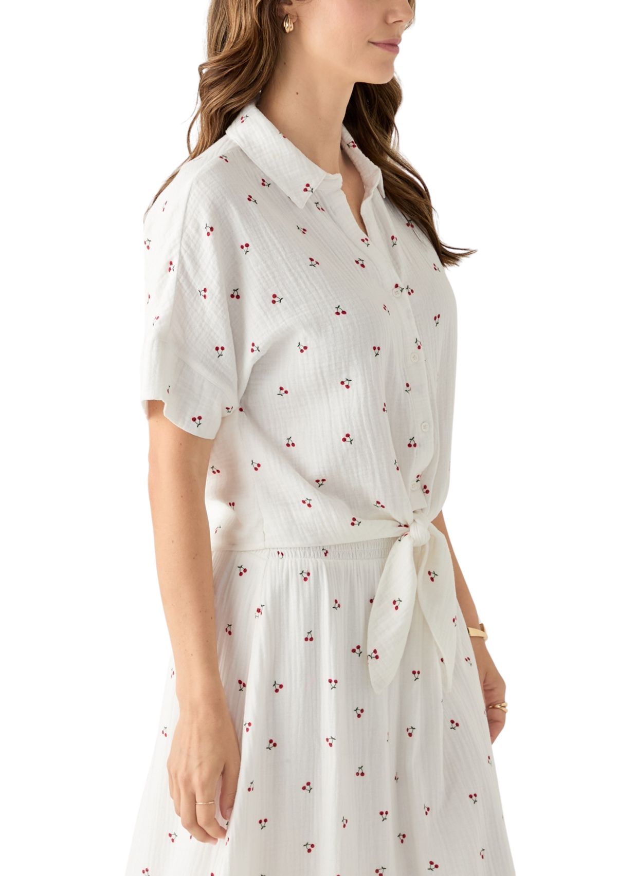 Womens Short Sleeve Tie Front Cherry Gauze Top