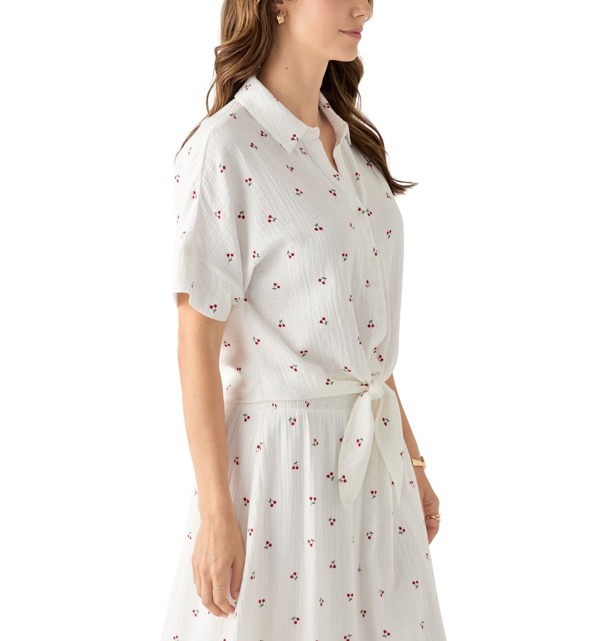 Womens Short Sleeve Tie Front Cherry Gauze Top