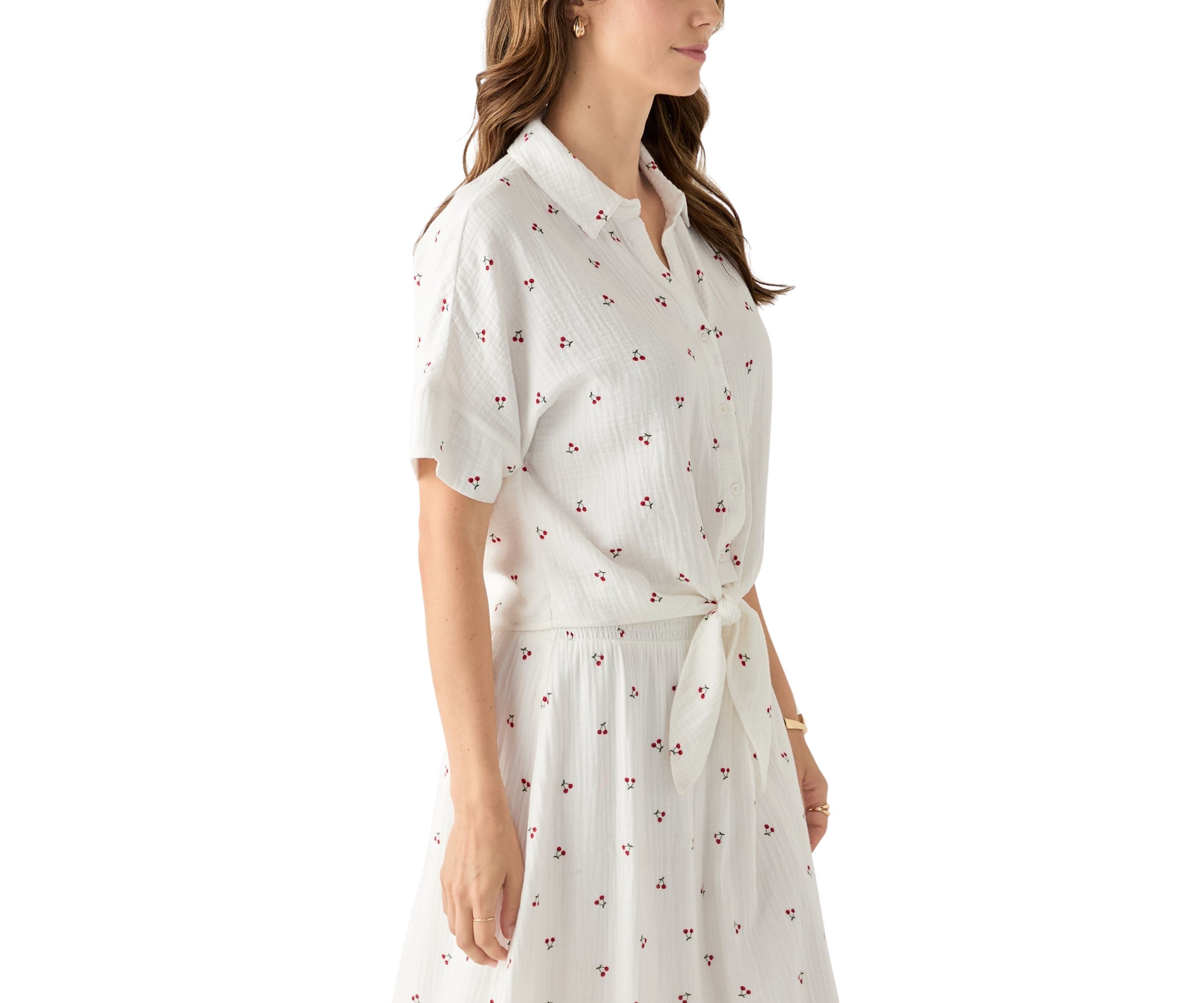 Womens Short Sleeve Tie Front Cherry Gauze Top