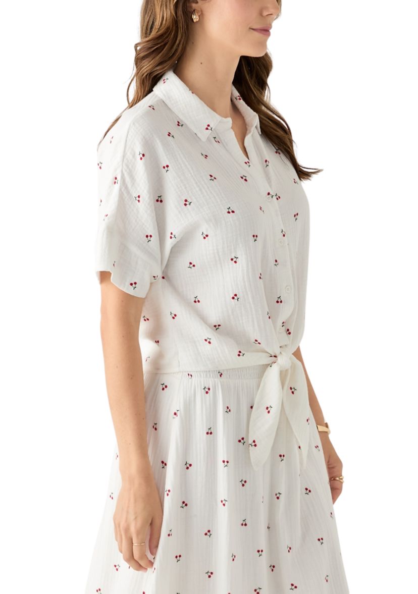 Womens Short Sleeve Tie Front Cherry Gauze Top
