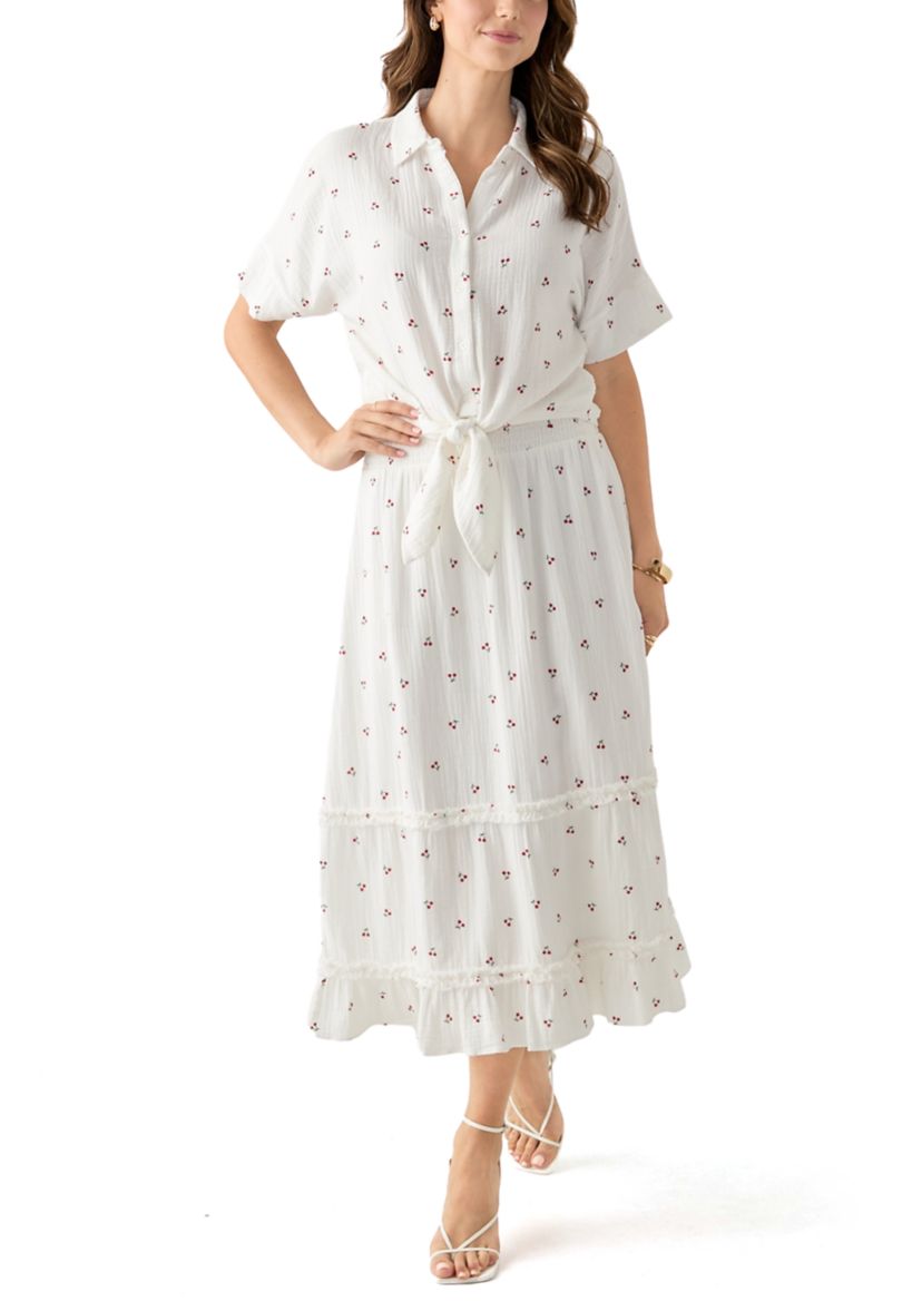 Womens Short Sleeve Tie Front Cherry Gauze Top