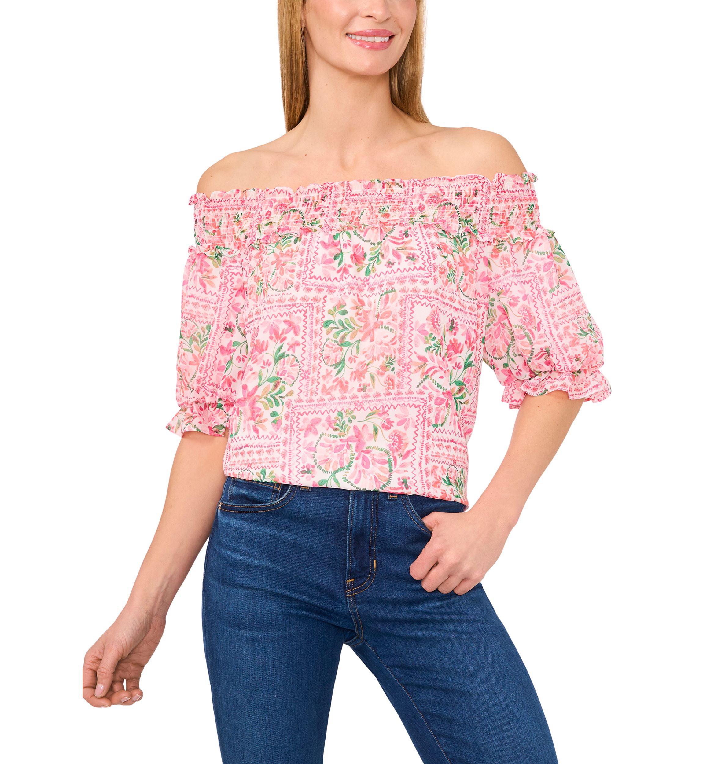Womens Floral Printed Off the Shoulder Blouse