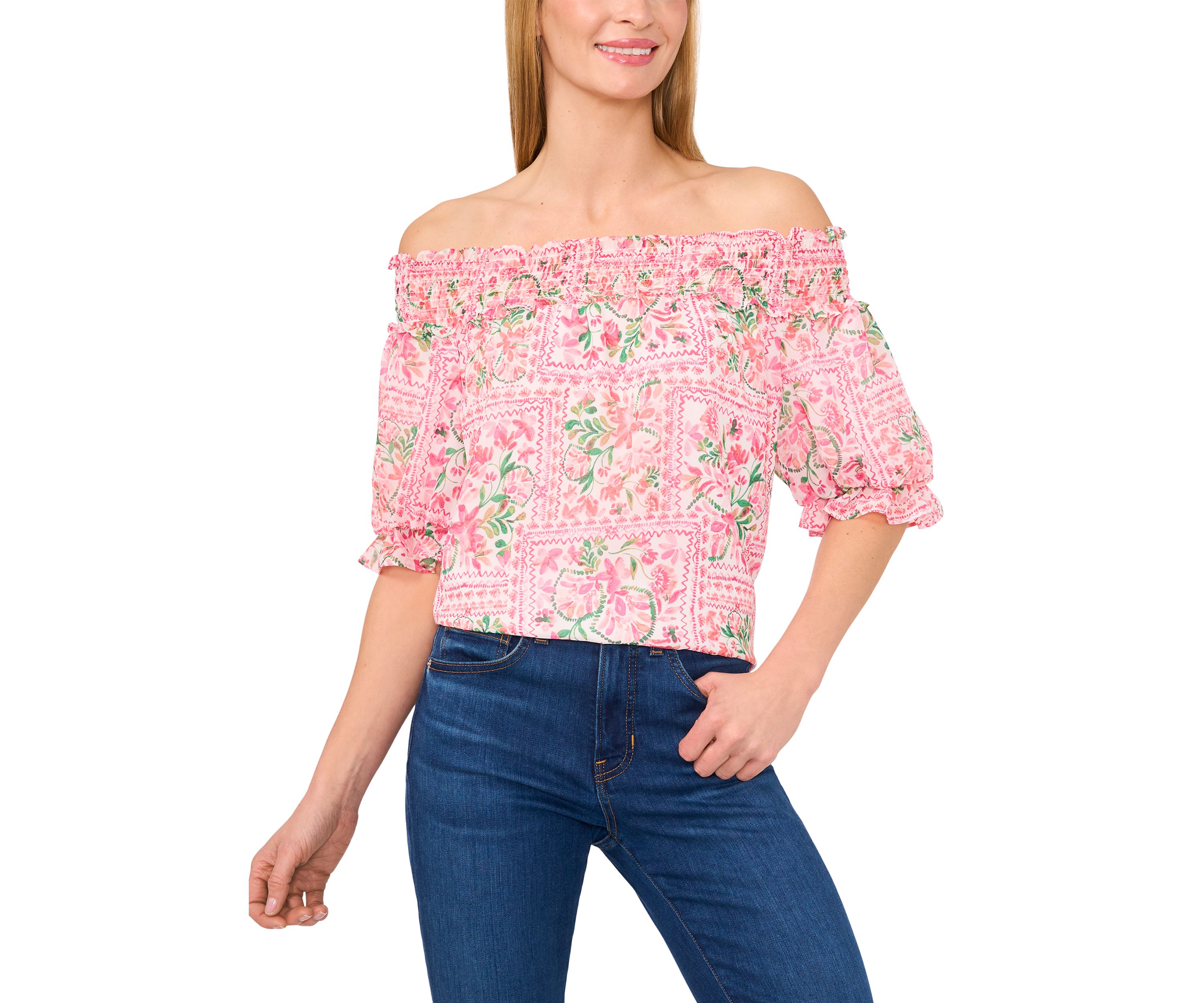Womens Floral Printed Off the Shoulder Blouse