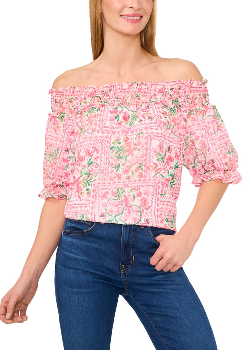 Womens Floral Printed Off the Shoulder Blouse