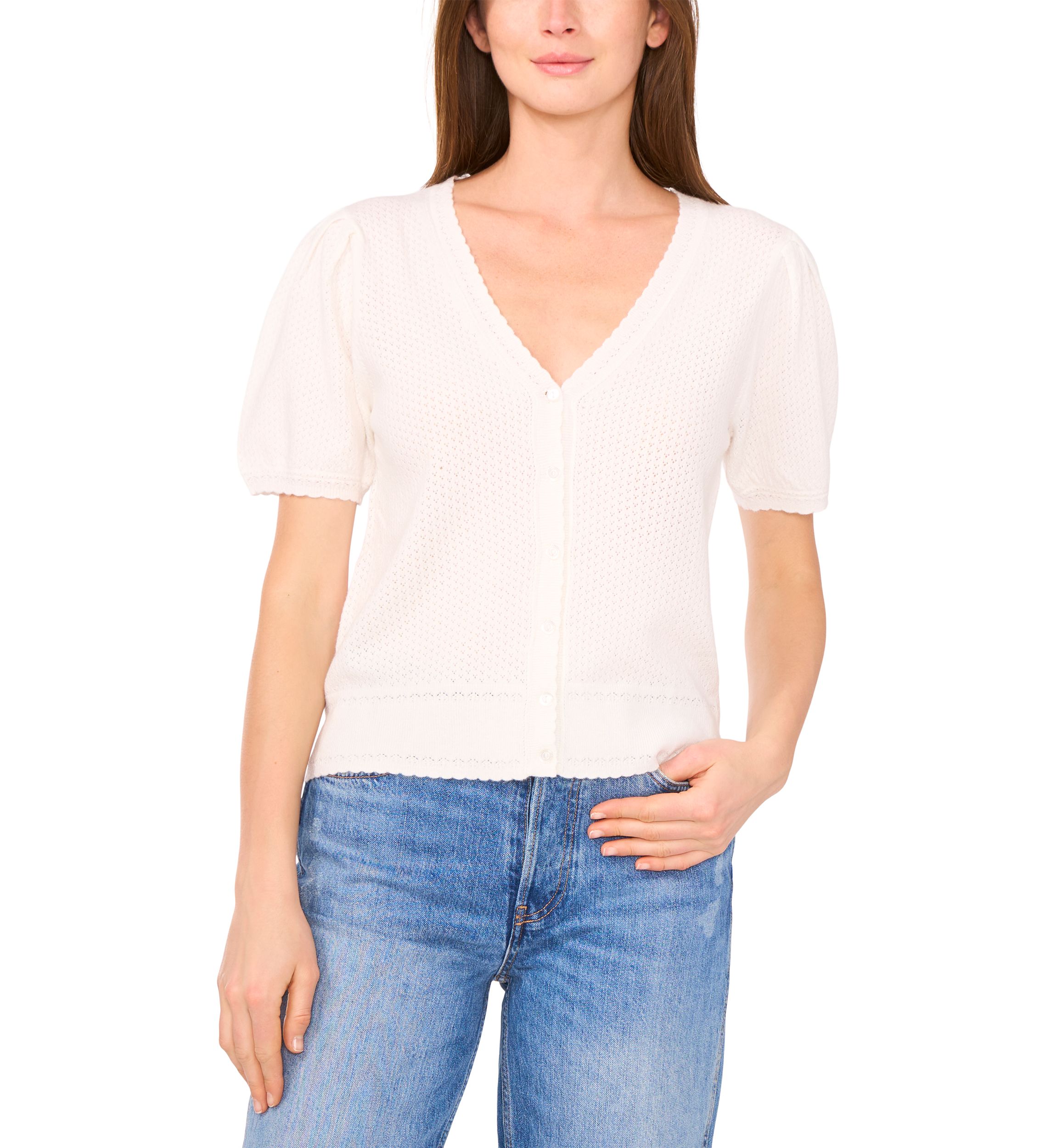 Womens Short Puff Sleeve V-Neck Button Front Cardigan