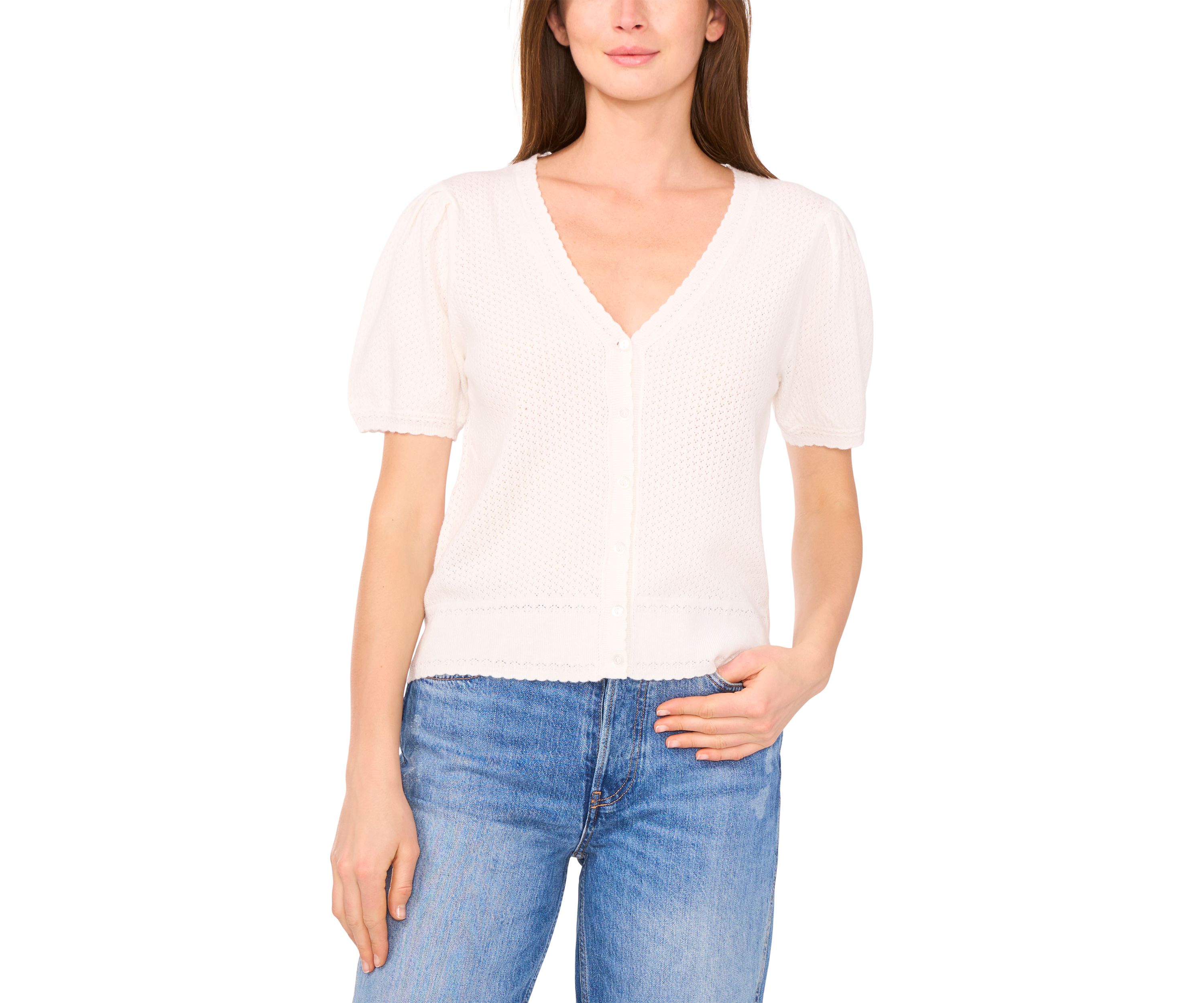 Womens Short Puff Sleeve V-Neck Button Front Cardigan