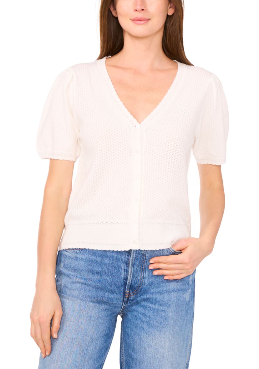 Womens Short Puff Sleeve V-Neck Button Front Cardigan