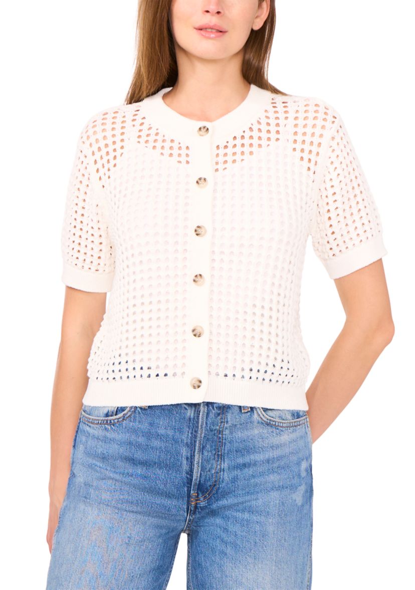 Womens Short Sleeve Open Stitch Button Front Cardigan