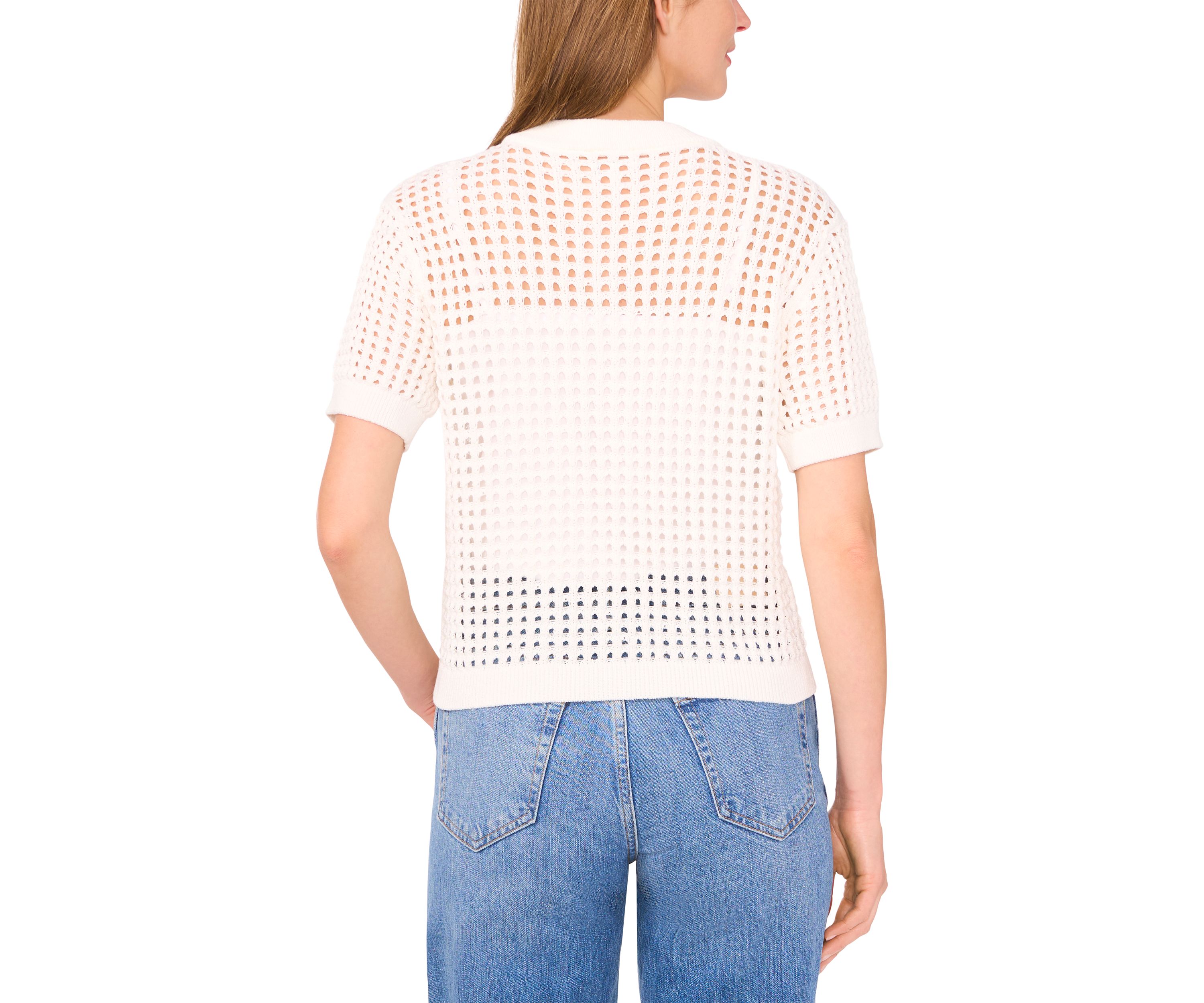 Womens Short Sleeve Open Stitch Button Front Cardigan
