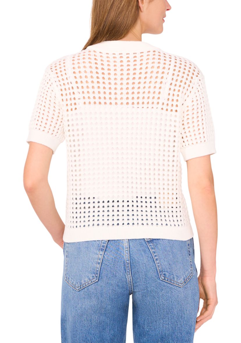 Womens Short Sleeve Open Stitch Button Front Cardigan