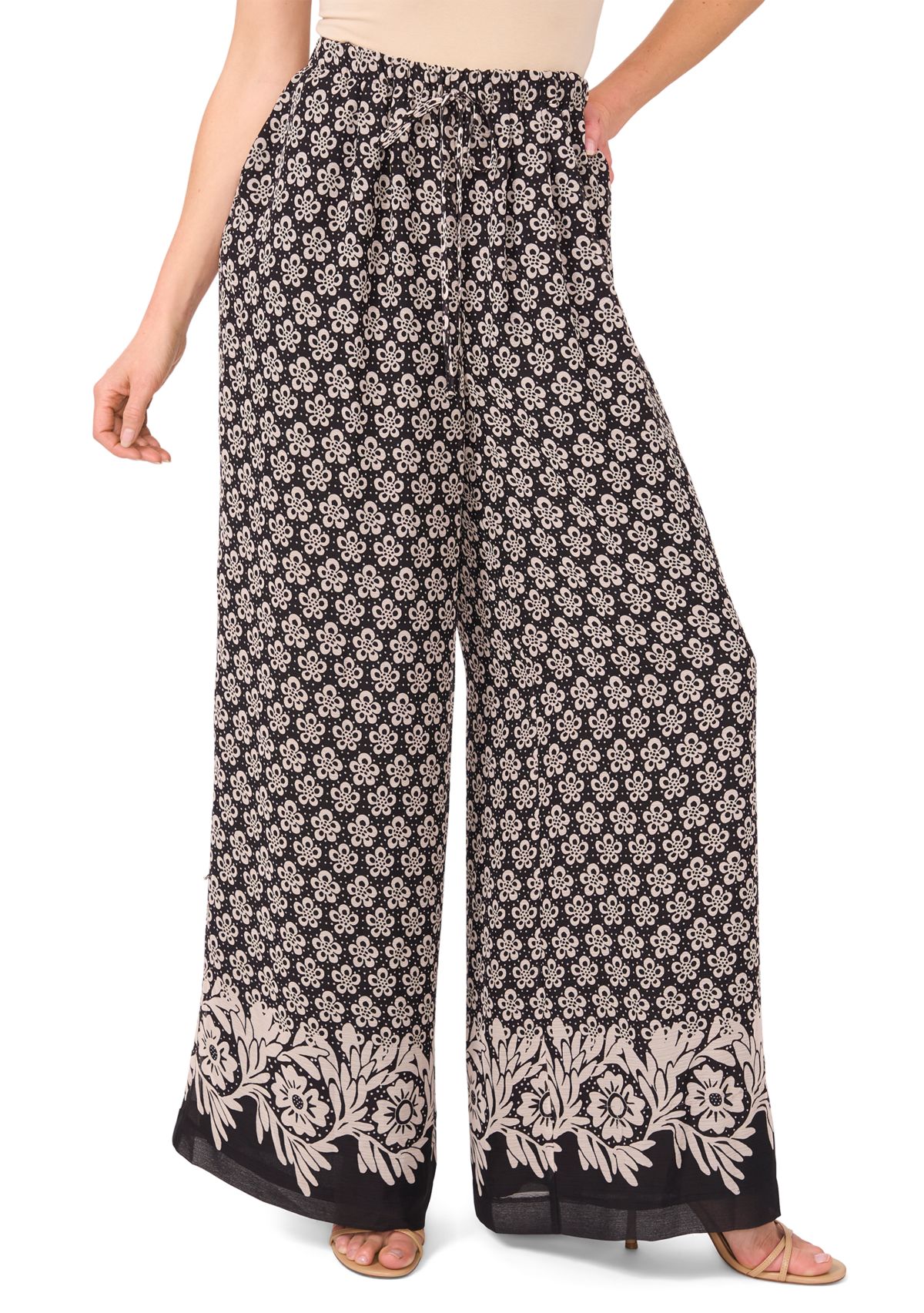 Womens Border Printed Wide Leg Pants