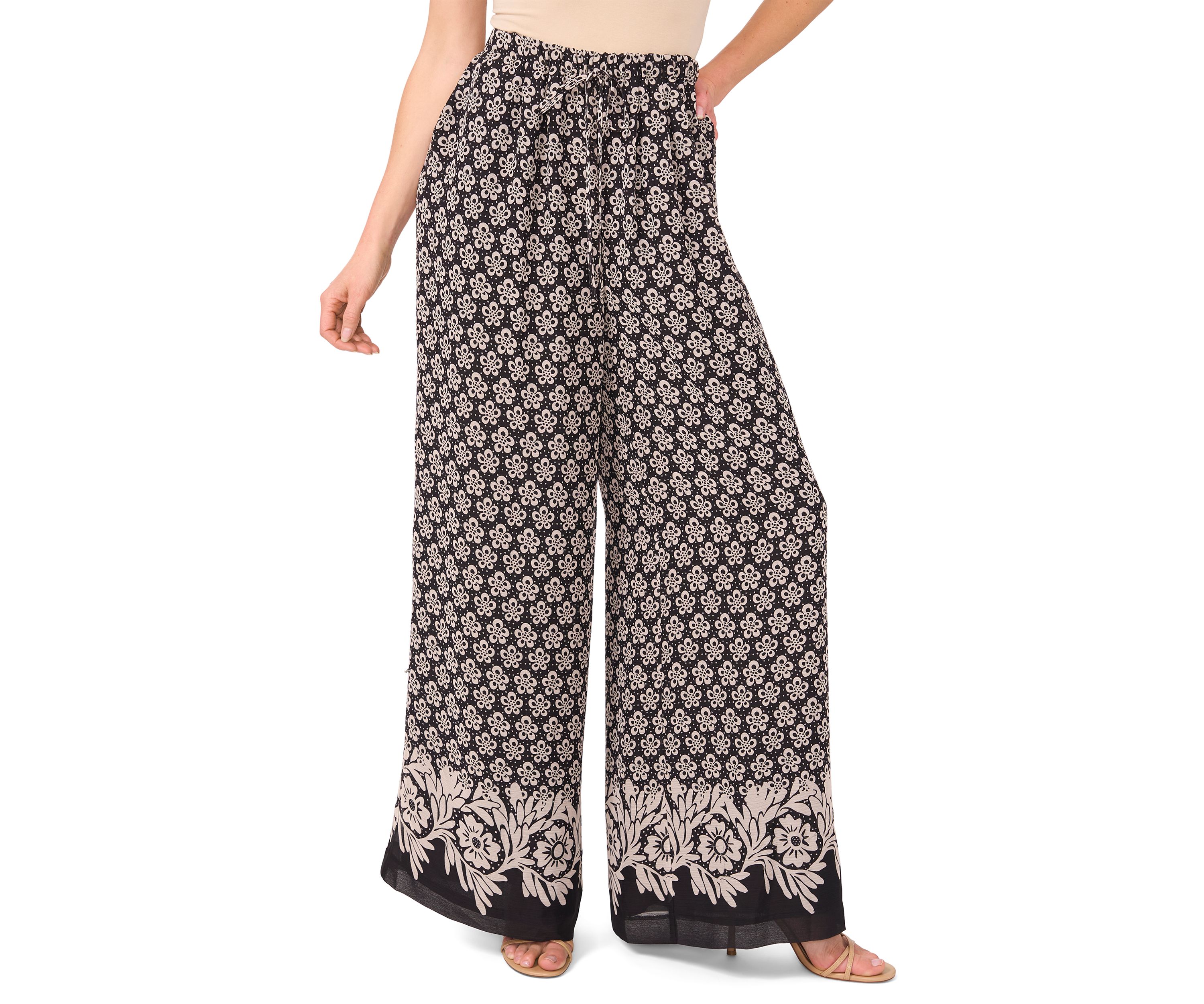 Womens Border Printed Wide Leg Pants