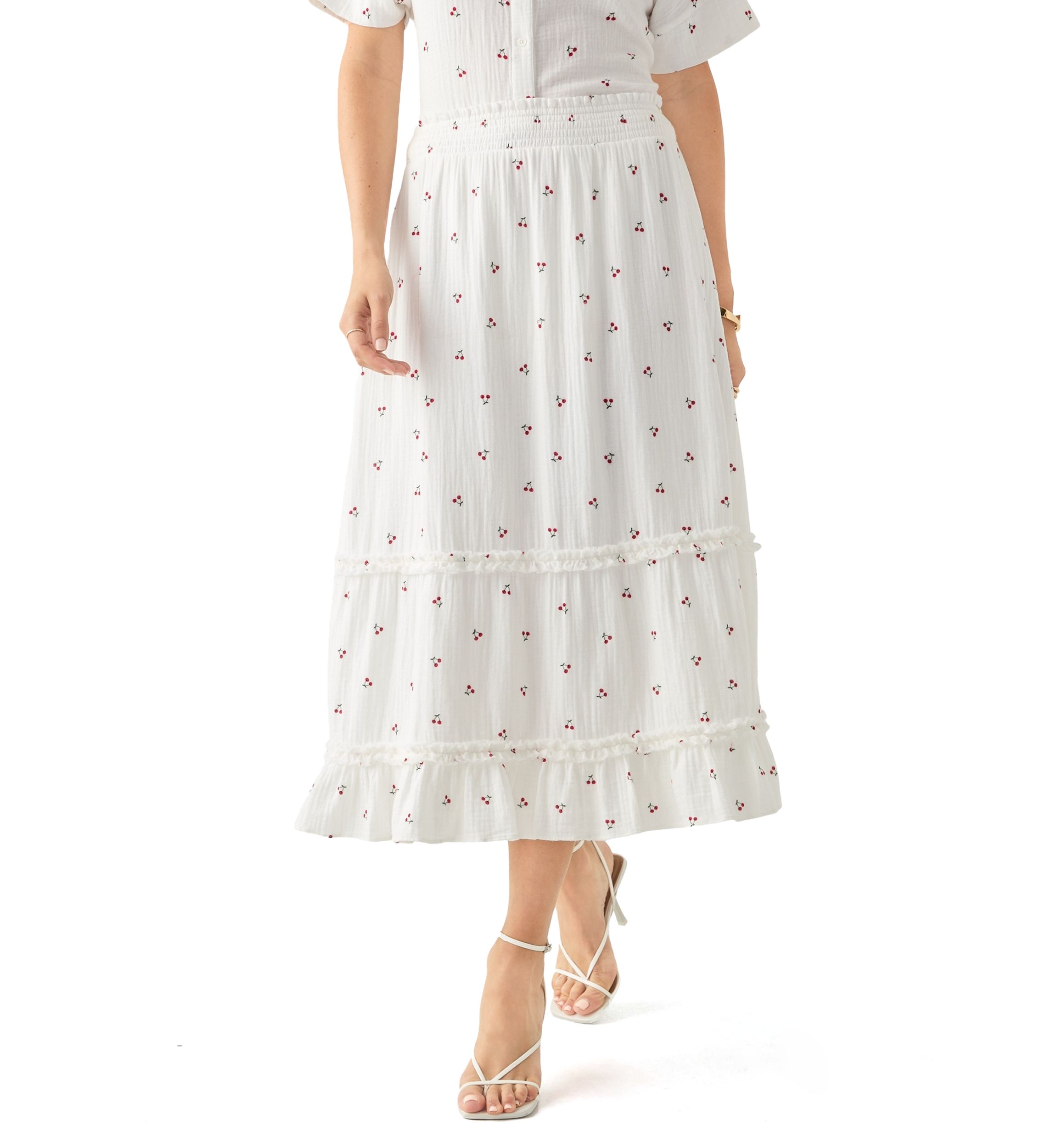 Womens Tiered Cherry Printed Gauze Skirt