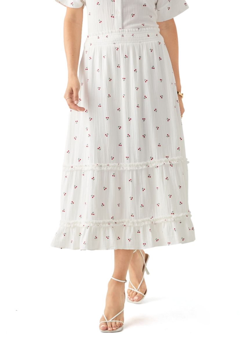 Womens Tiered Cherry Printed Gauze Skirt