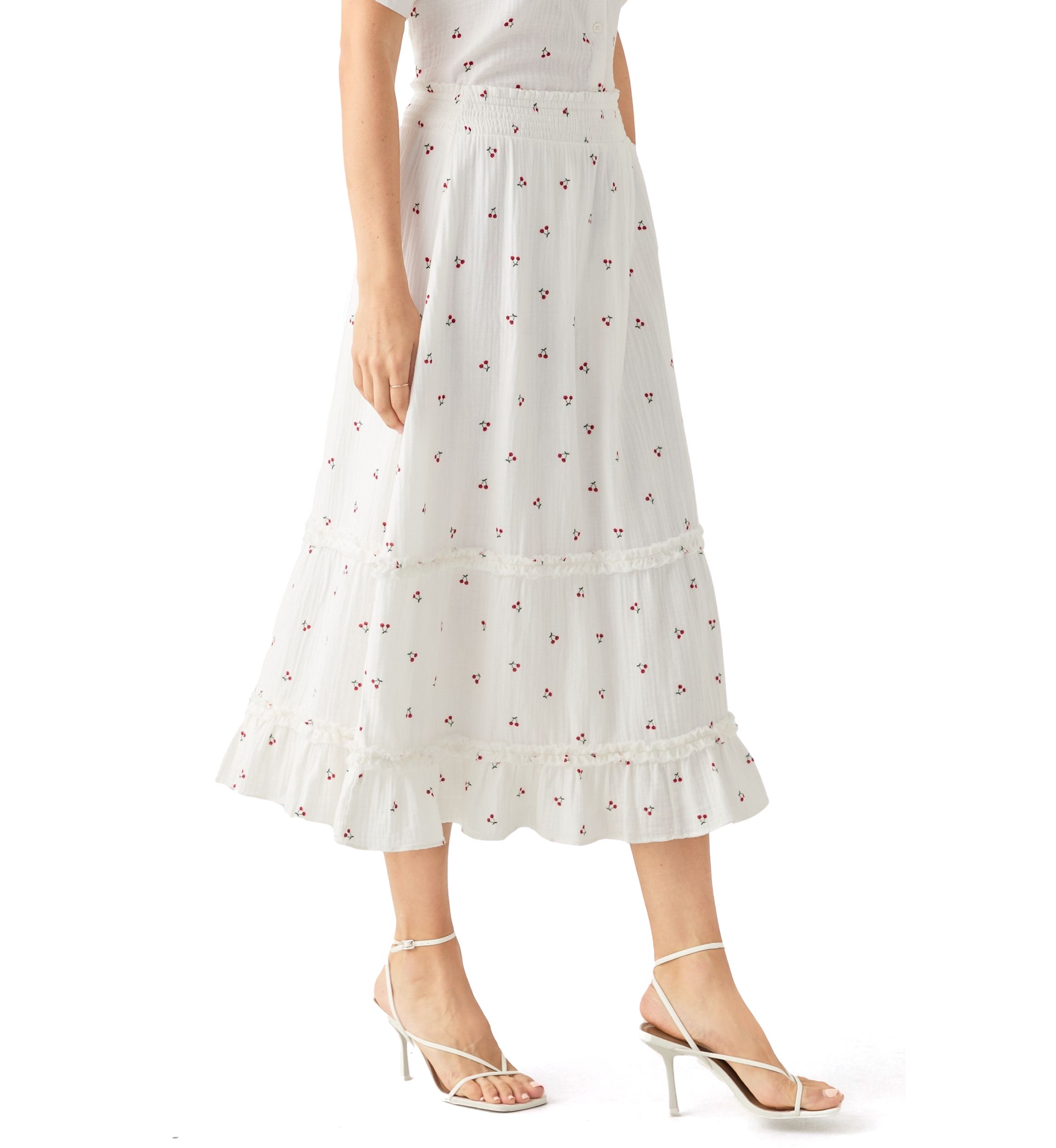 Womens Tiered Cherry Printed Gauze Skirt