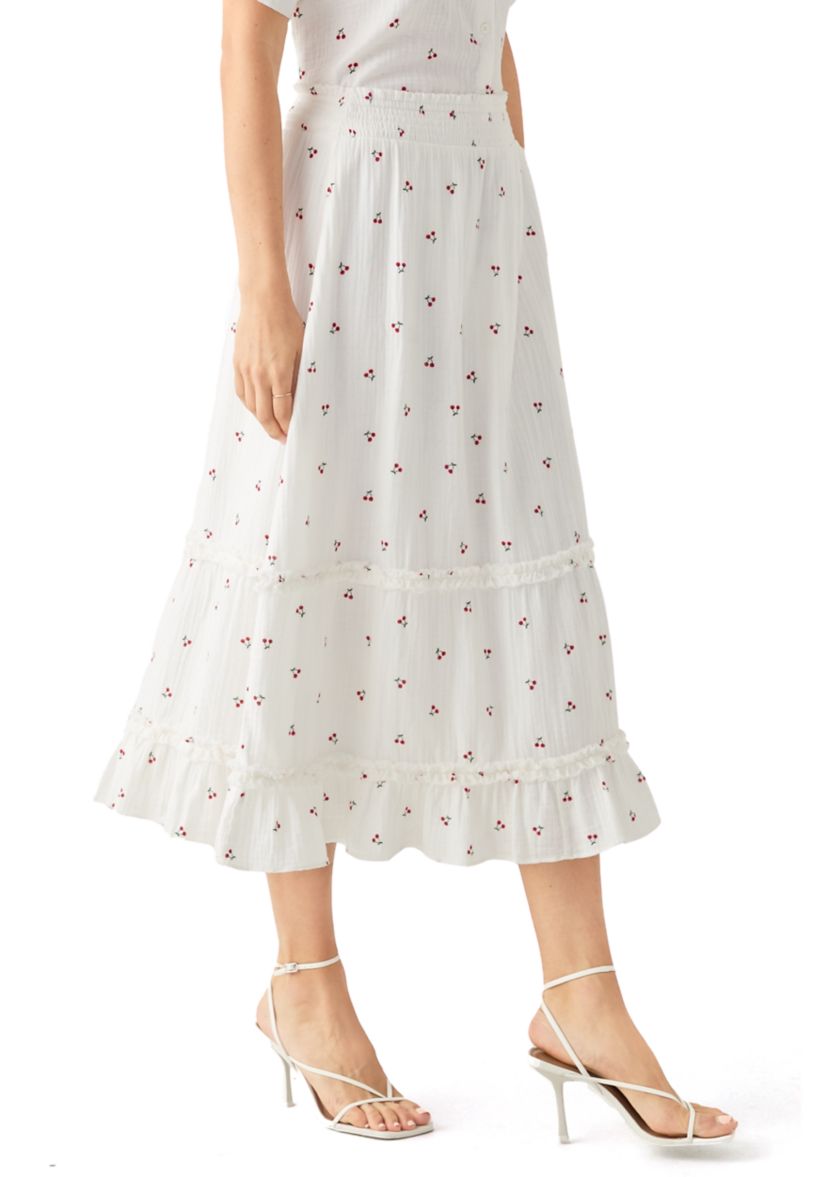 Womens Tiered Cherry Printed Gauze Skirt