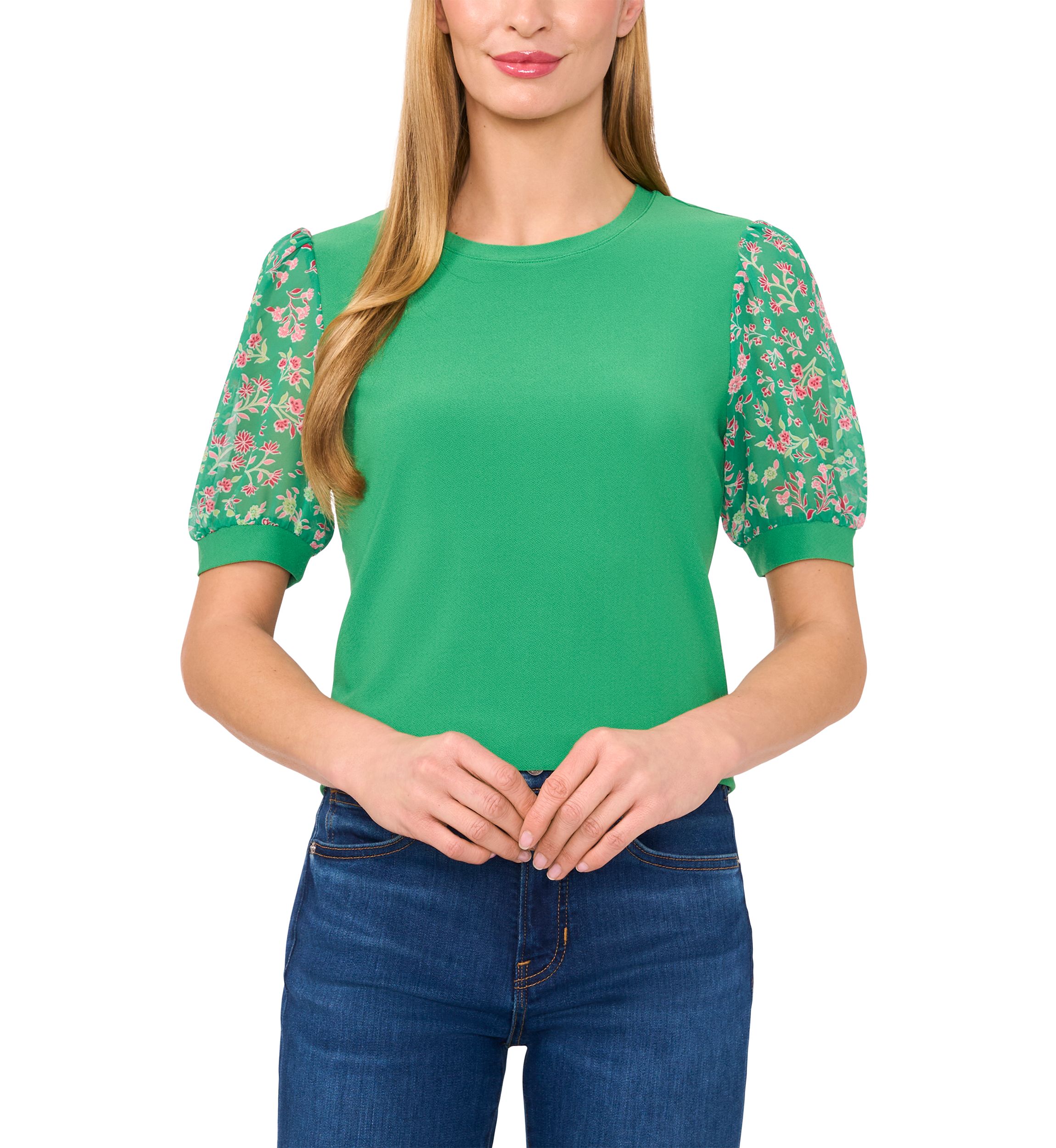 Womens Mix Media Floral Sleeve Knit Top