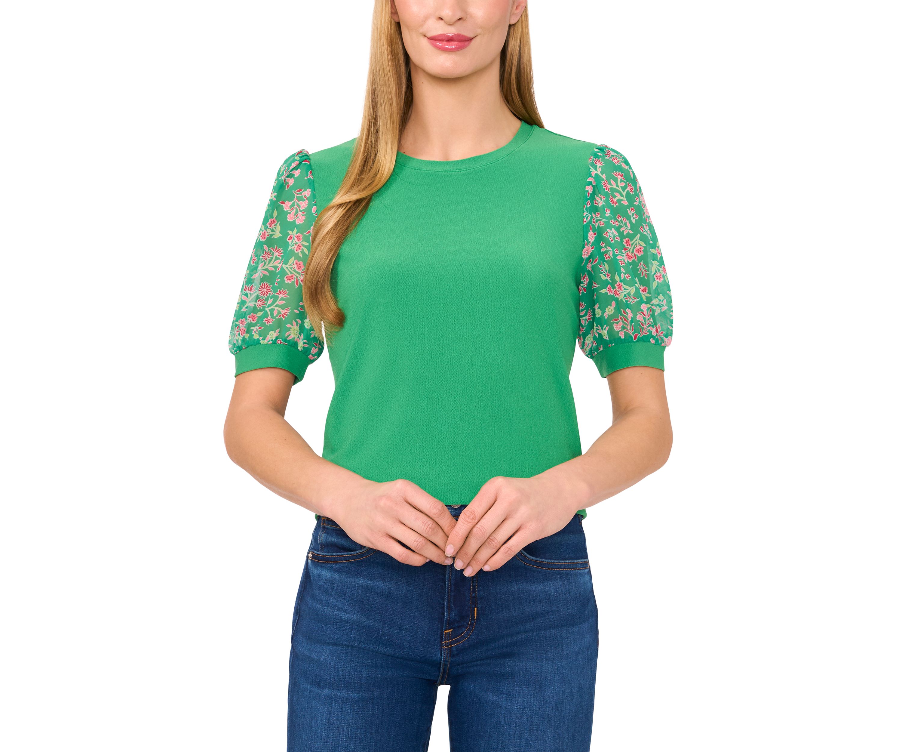 Womens Mix Media Floral Sleeve Knit Top