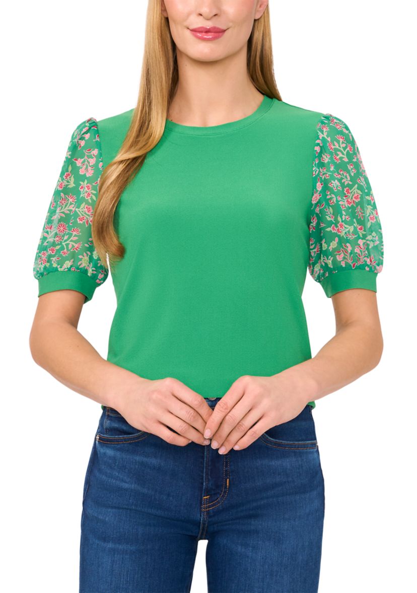 Womens Mix Media Floral Sleeve Knit Top
