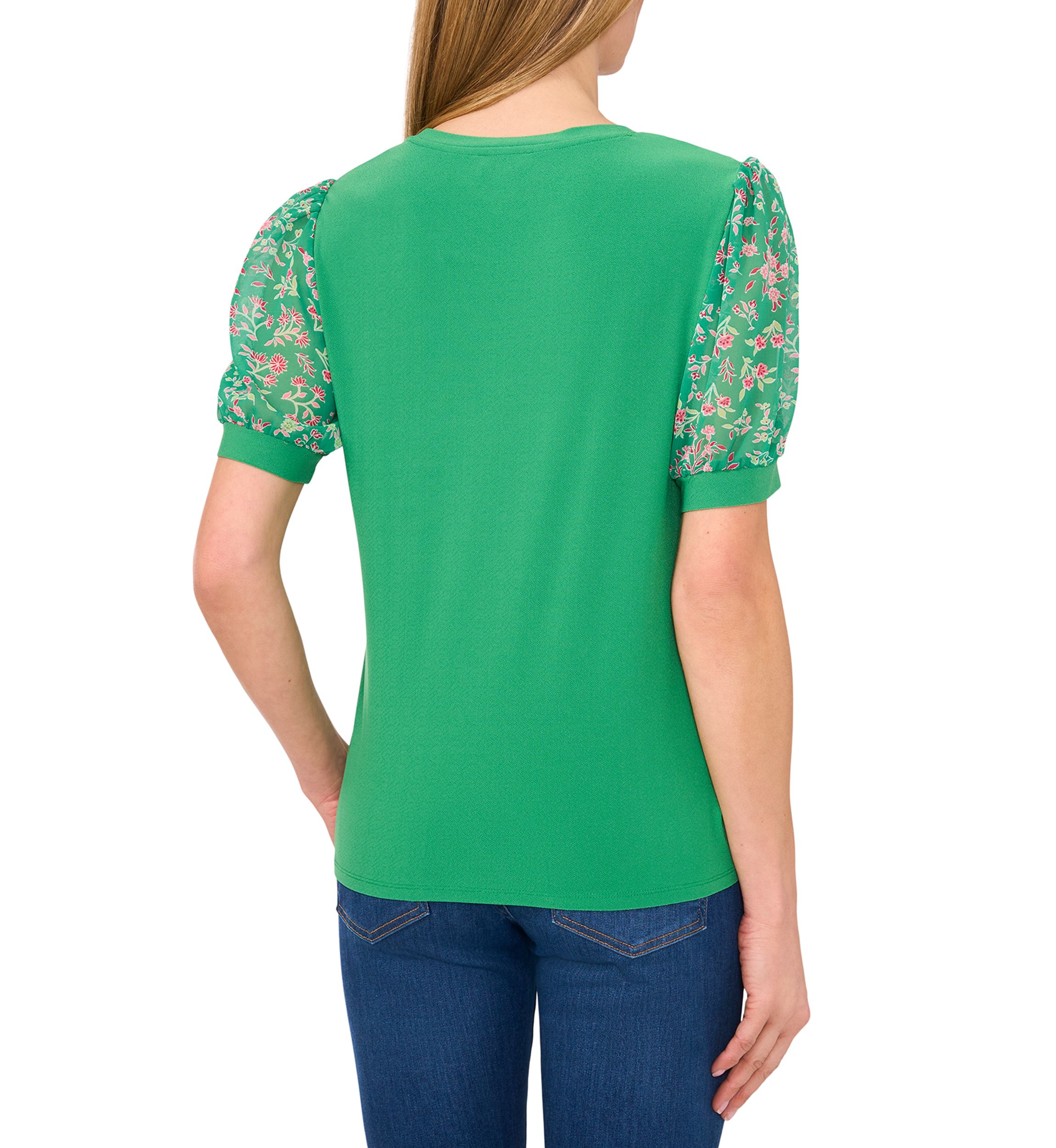 Womens Mix Media Floral Sleeve Knit Top
