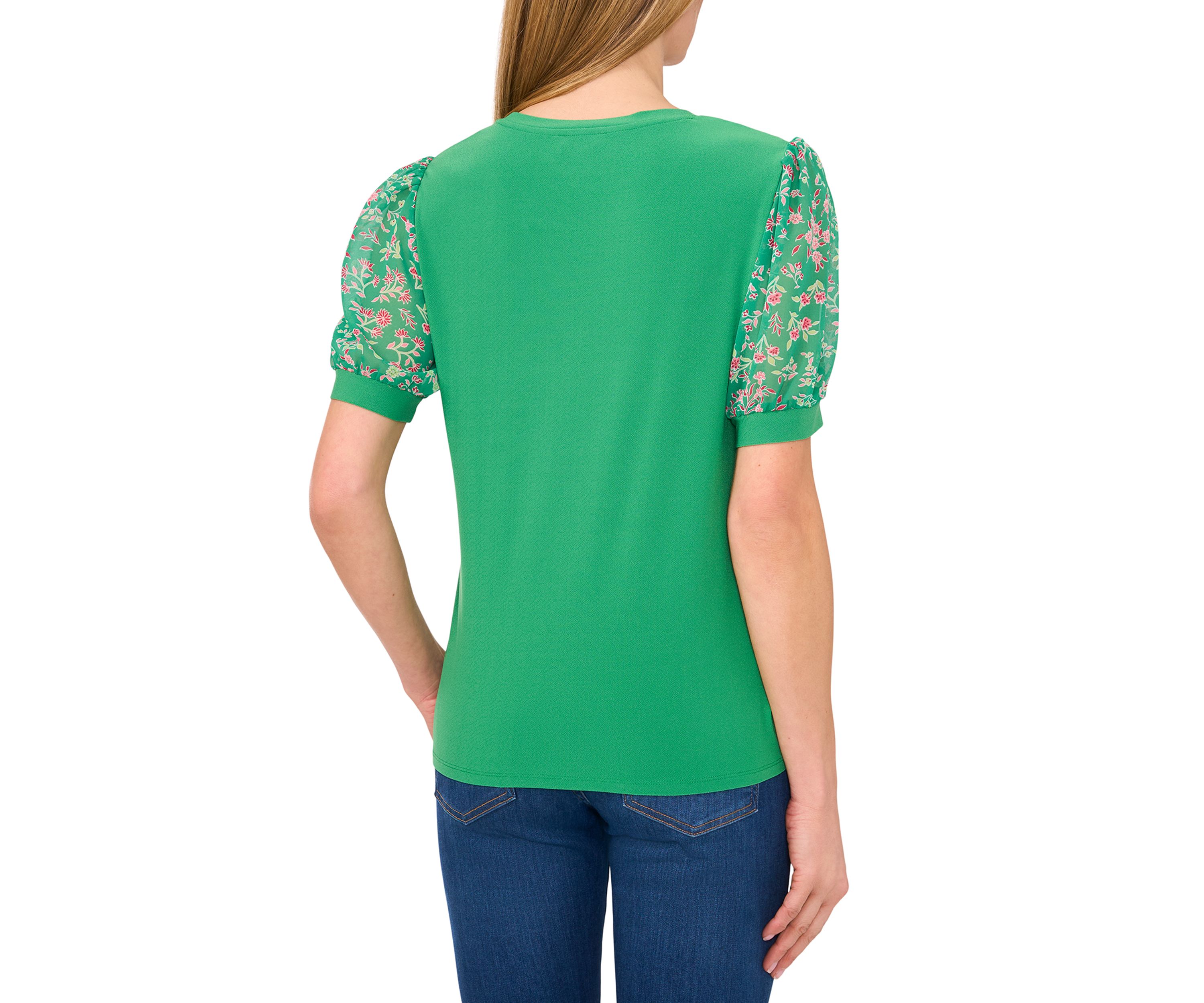 Womens Mix Media Floral Sleeve Knit Top