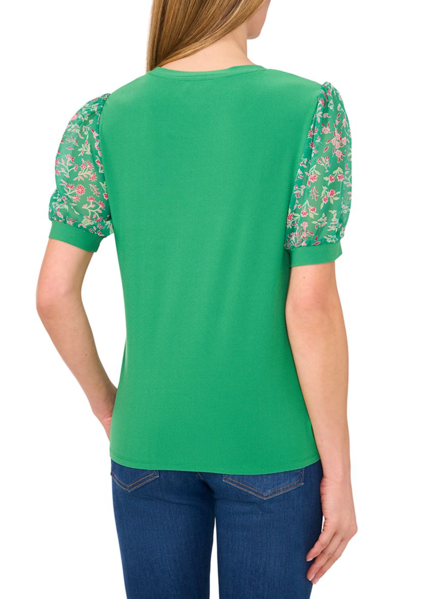 Womens Mix Media Floral Sleeve Knit Top