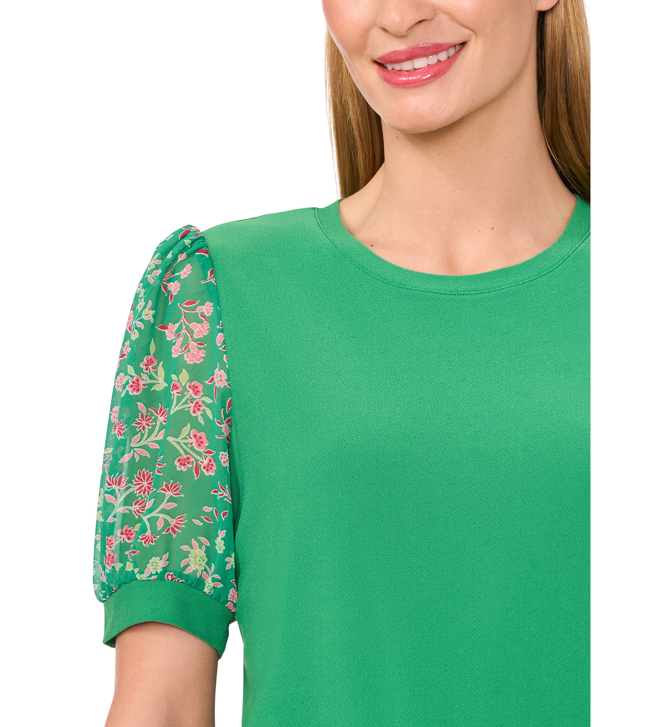 Womens Mix Media Floral Sleeve Knit Top
