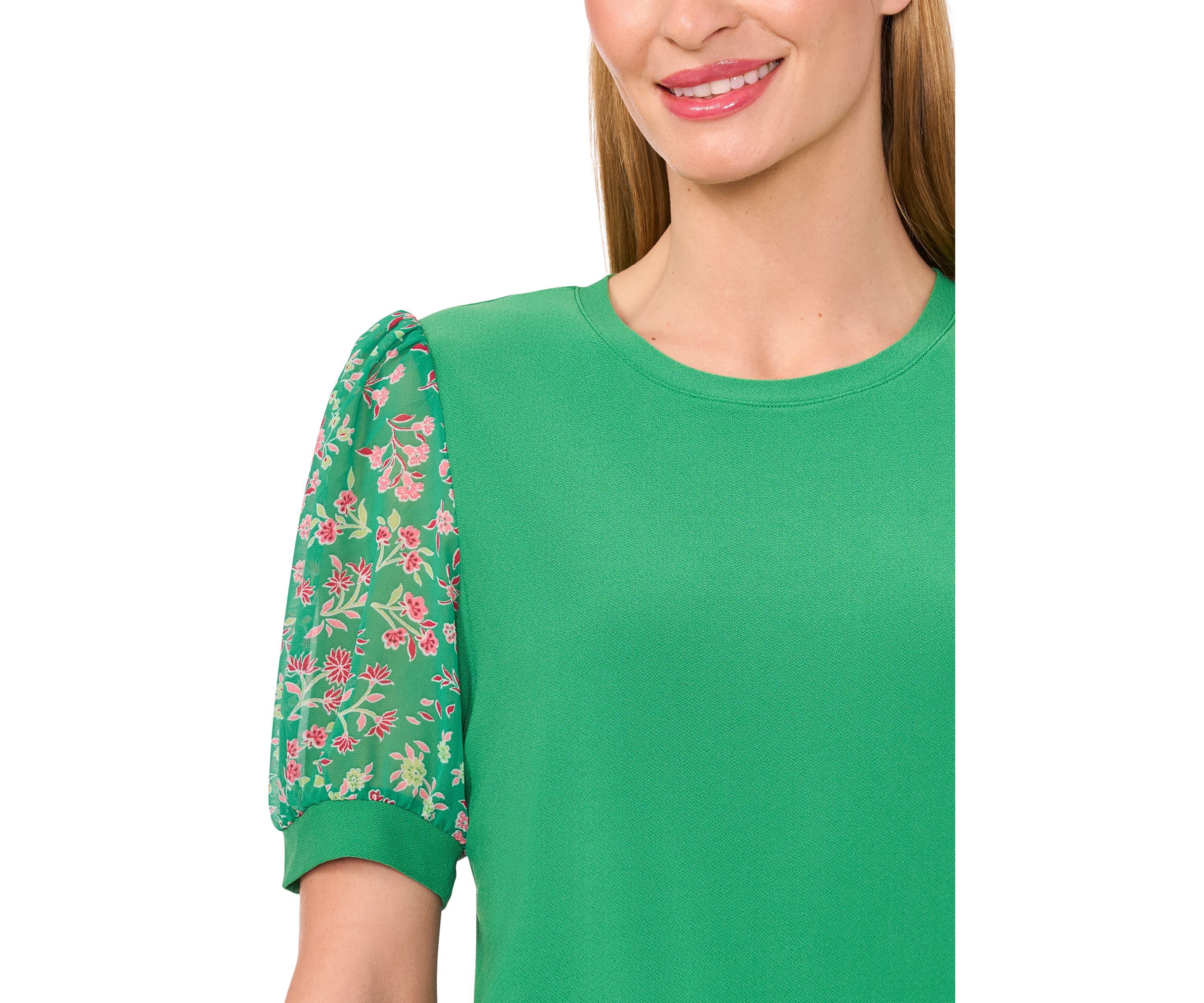 Womens Mix Media Floral Sleeve Knit Top
