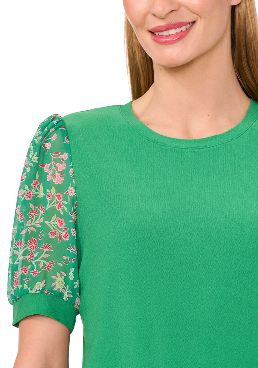 Womens Mix Media Floral Sleeve Knit Top