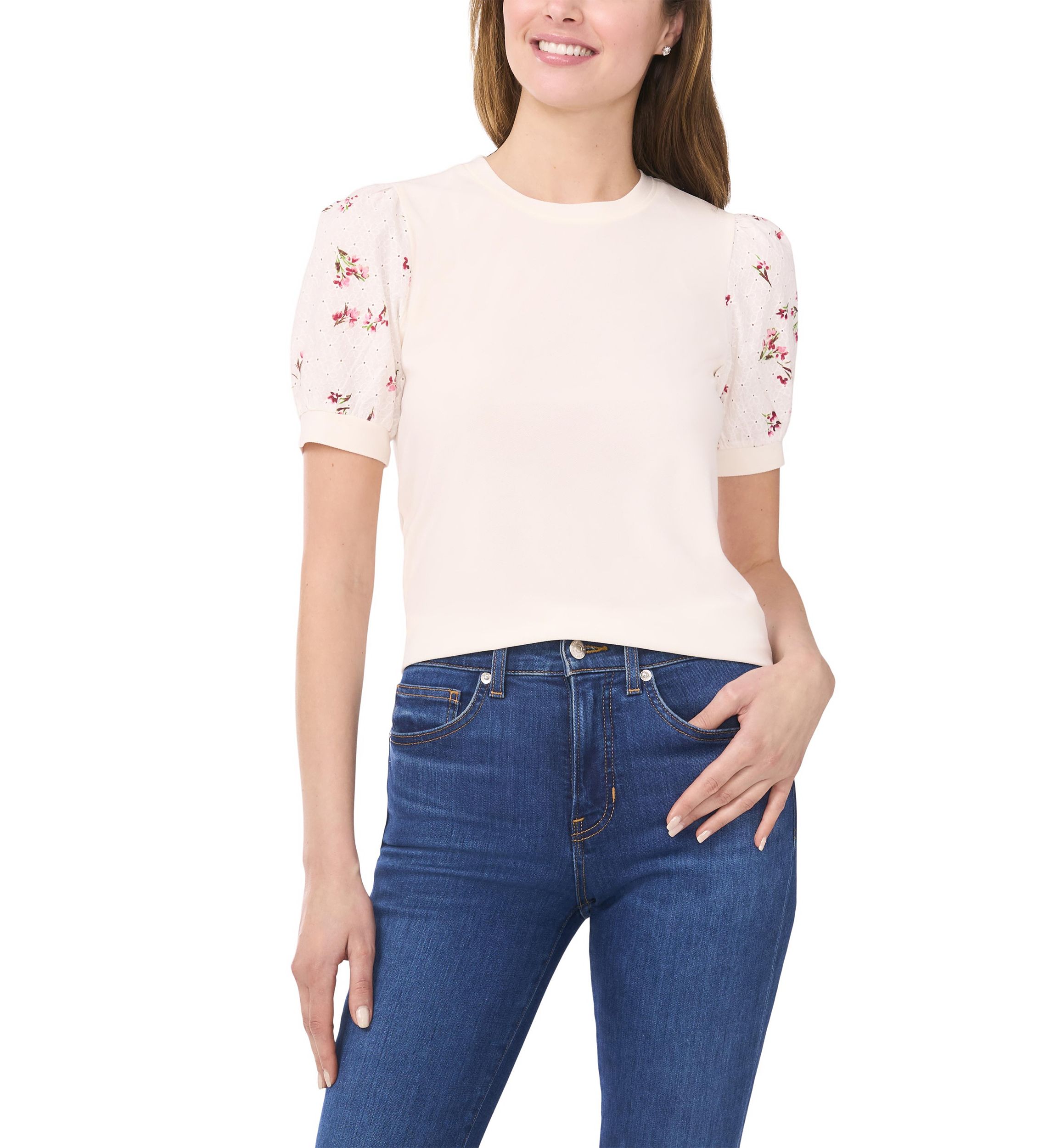 Womens Mixed Media Crew Neck Knit Top