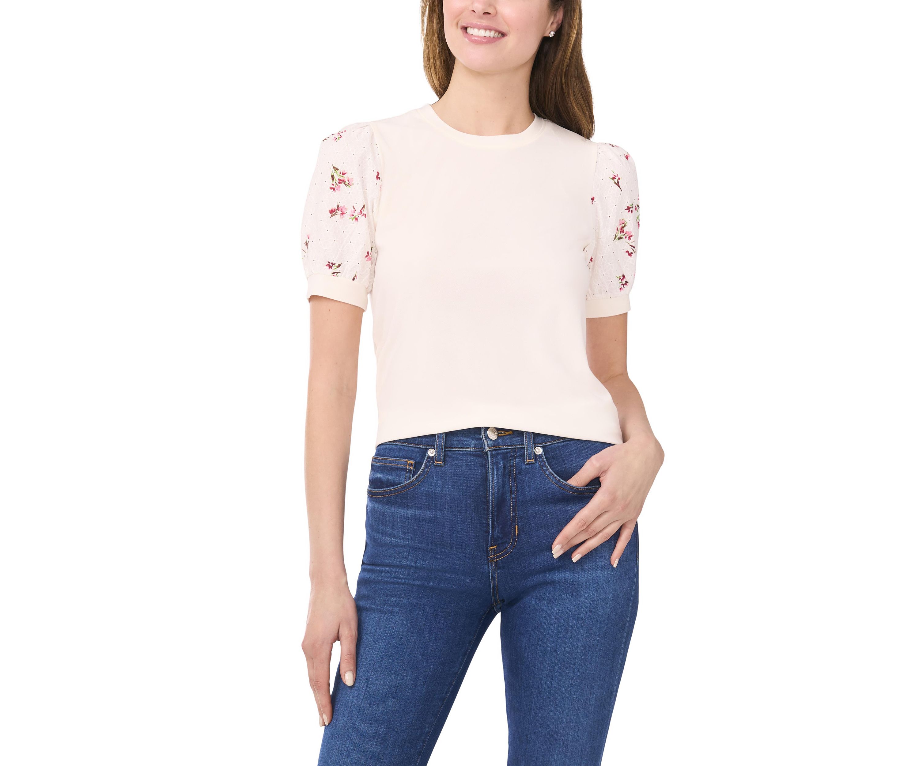 Womens Mixed Media Crew Neck Knit Top