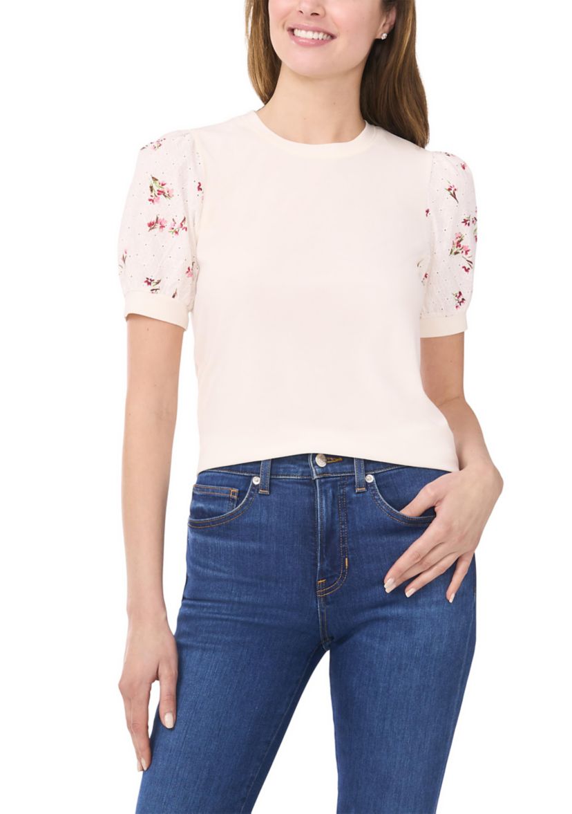 Womens Mixed Media Crew Neck Knit Top