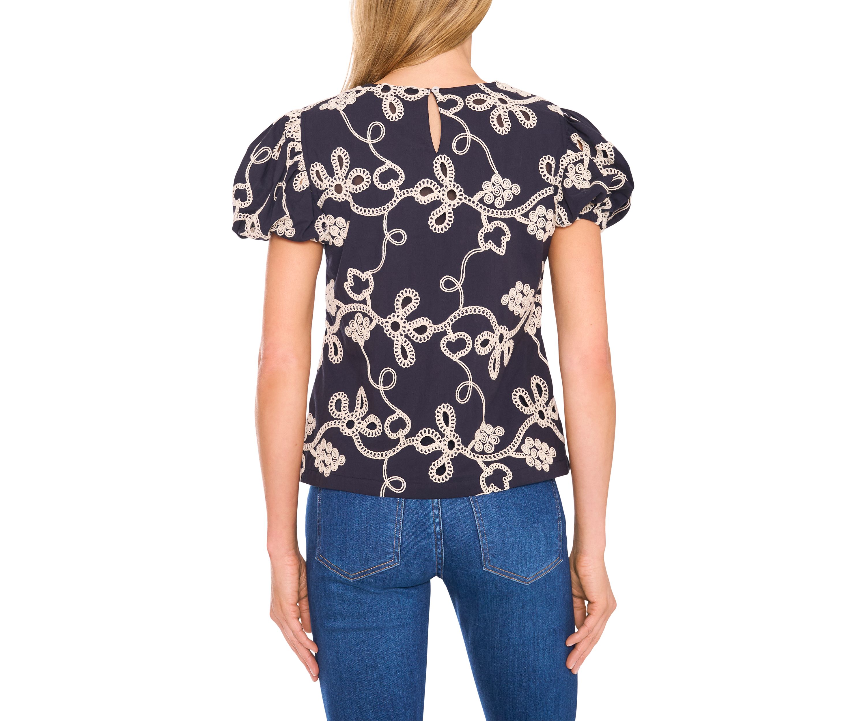 Womens Mixed Media Knit Embroidered Top