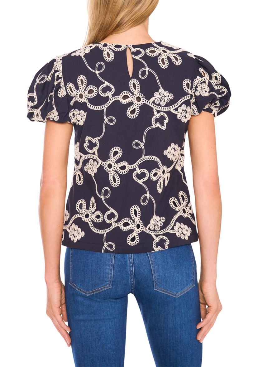 Womens Mixed Media Knit Embroidered Top