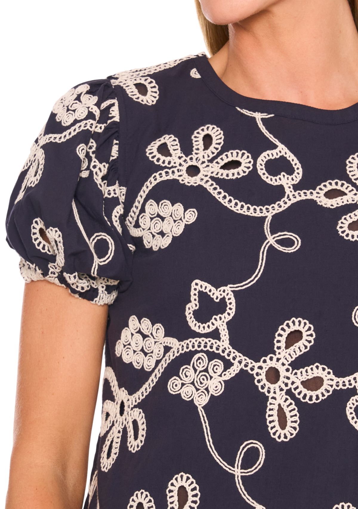 Womens Mixed Media Knit Embroidered Top