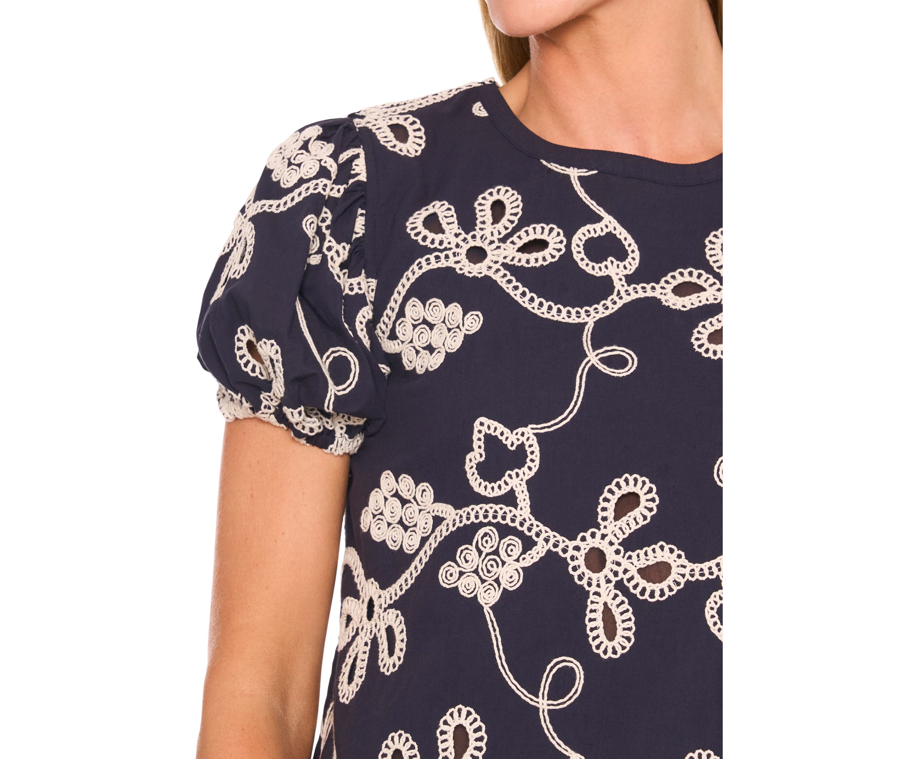 Womens Mixed Media Knit Embroidered Top