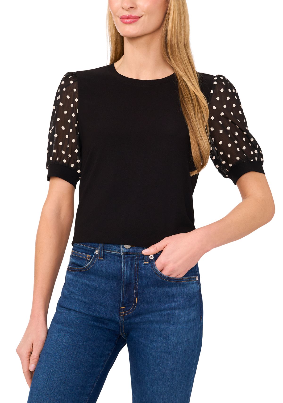 Womens Mixed Media Sleeve Knit Top