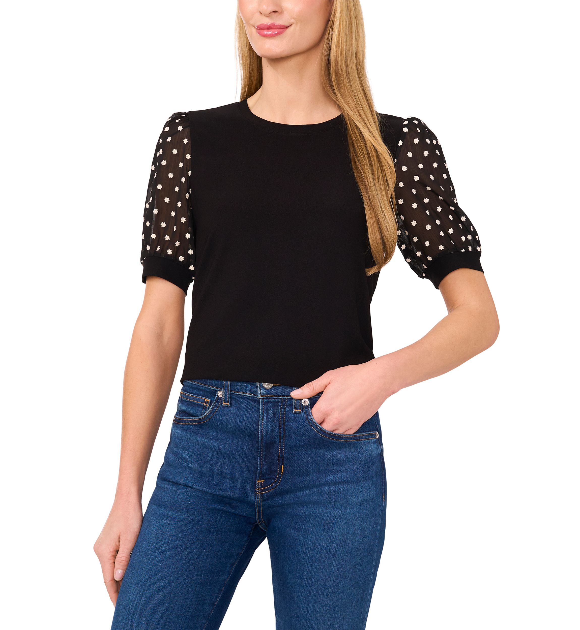 Womens Mixed Media Sleeve Knit Top