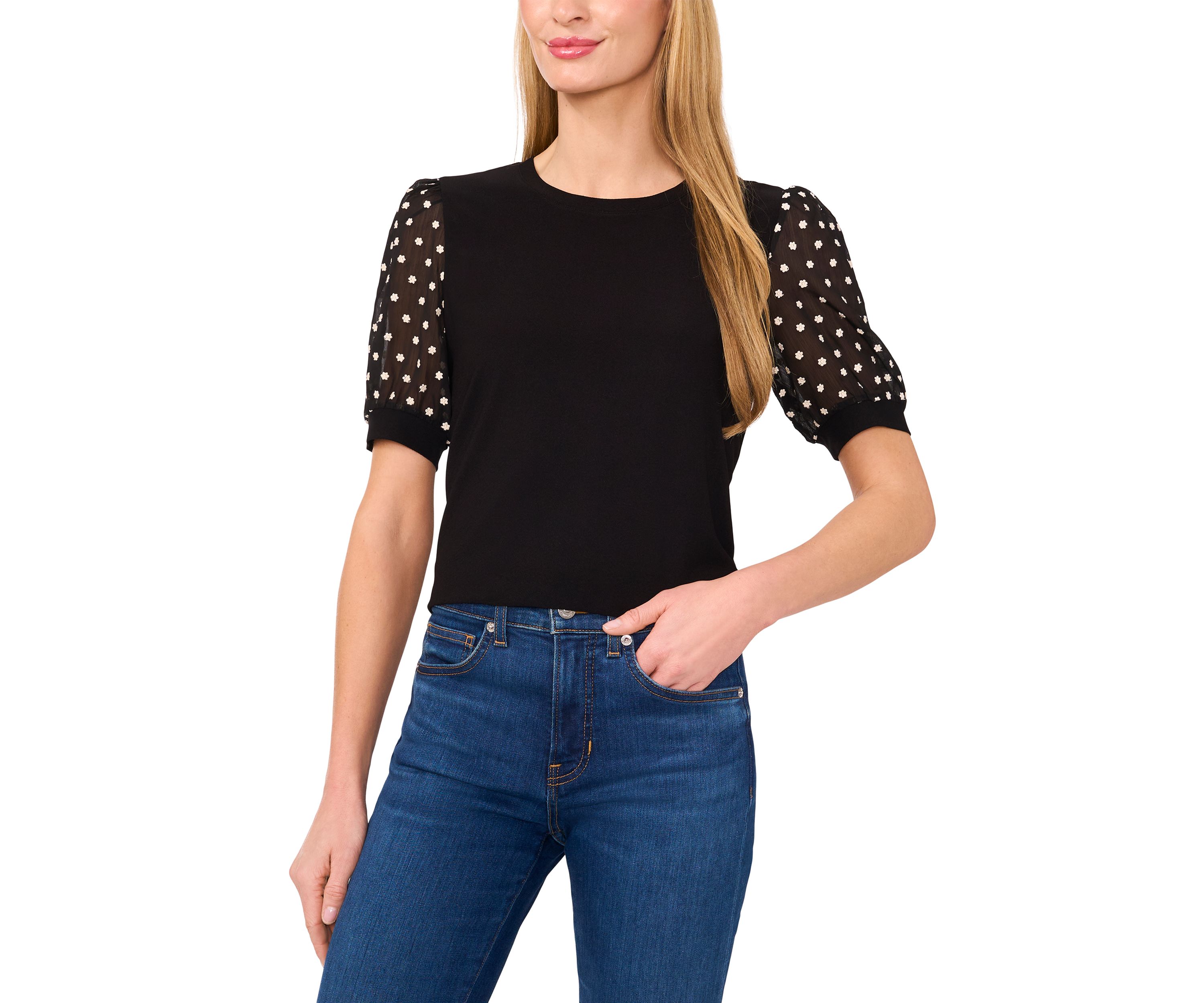 Womens Mixed Media Sleeve Knit Top