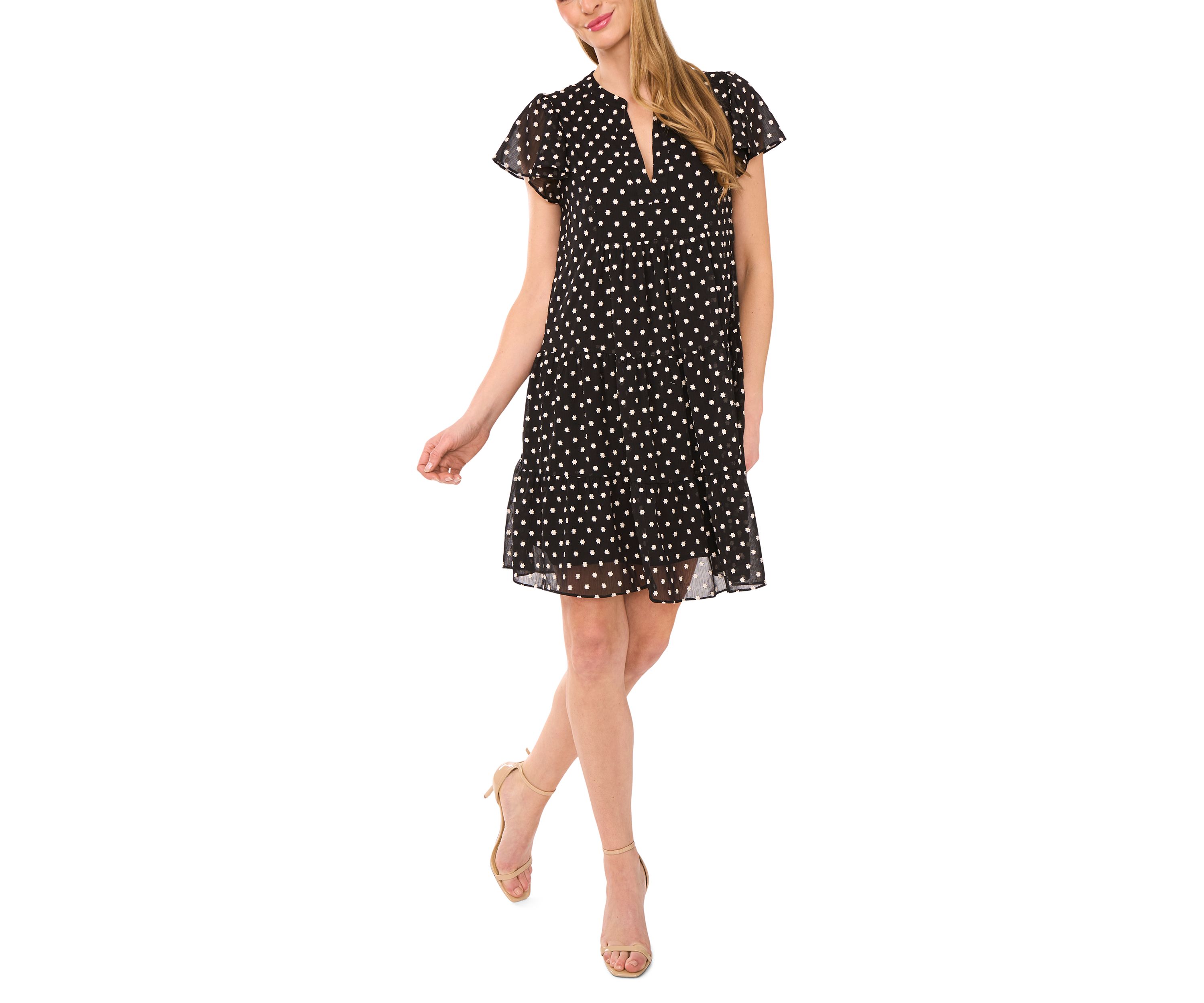 Womens Flutter Sleeve Split Neck Floral Embroidered Babydoll Dress