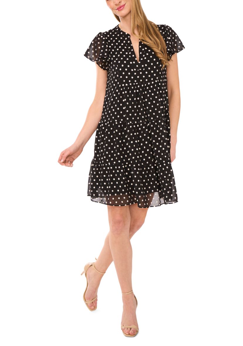 Womens Flutter Sleeve Split Neck Floral Embroidered Babydoll Dress