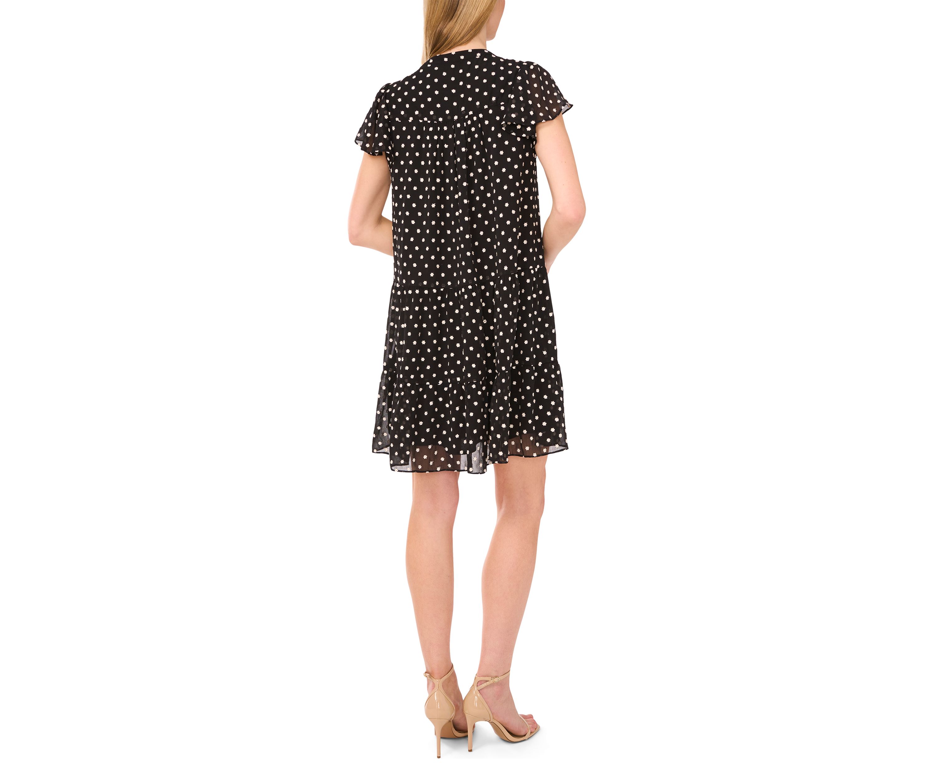 Womens Flutter Sleeve Split Neck Floral Embroidered Babydoll Dress