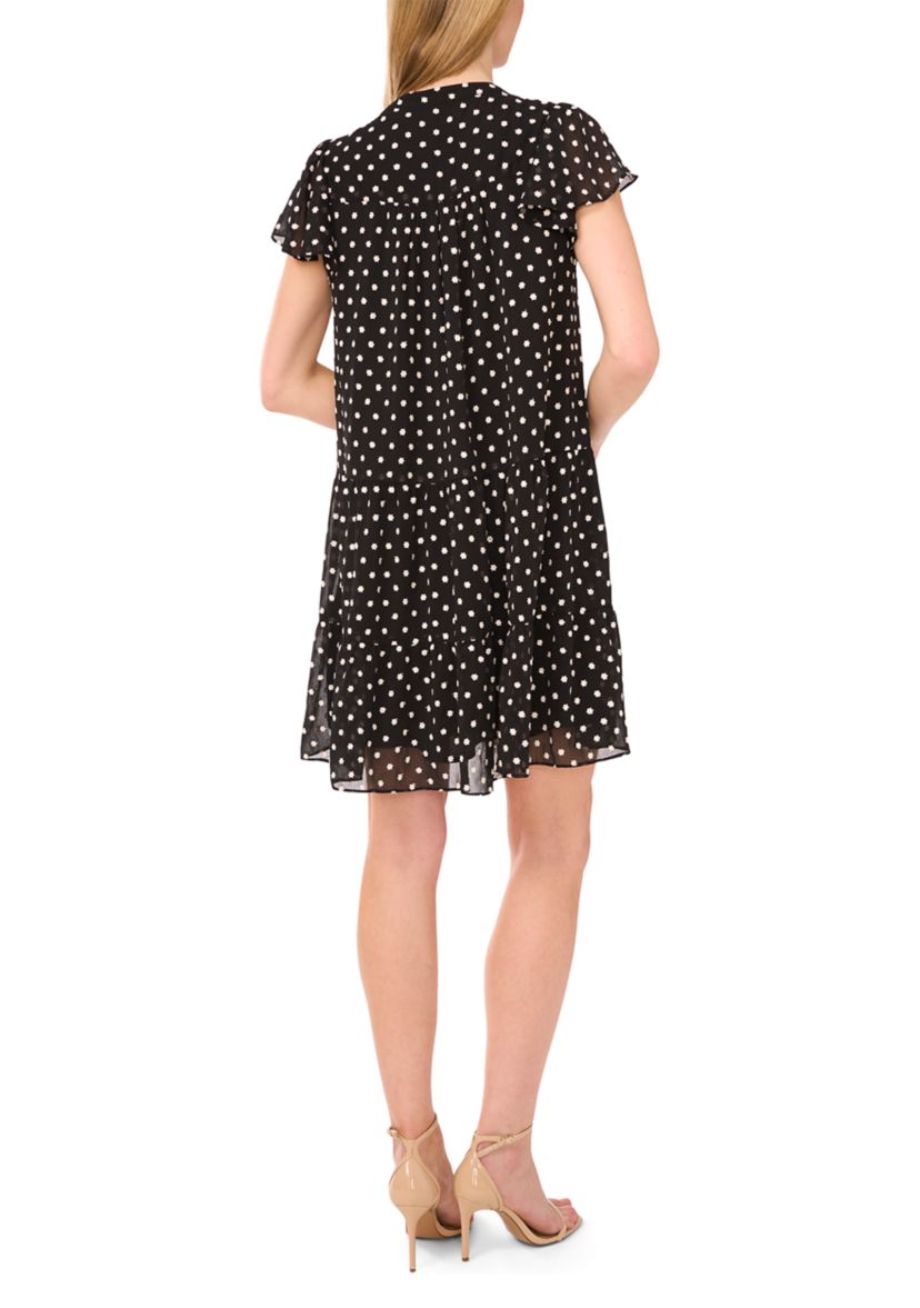 Womens Flutter Sleeve Split Neck Floral Embroidered Babydoll Dress