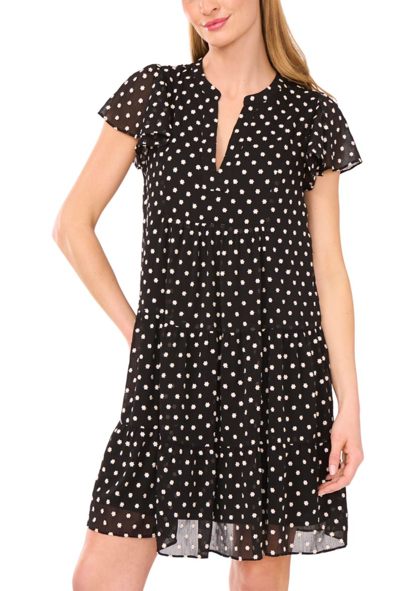 Womens Flutter Sleeve Split Neck Floral Embroidered Babydoll Dress