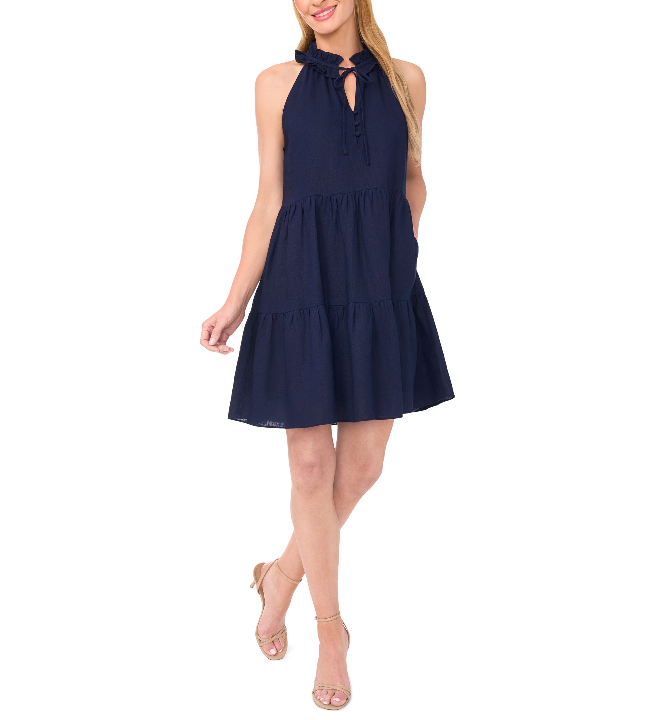 Womens Sleeveless Split Neck Tiered Dress 